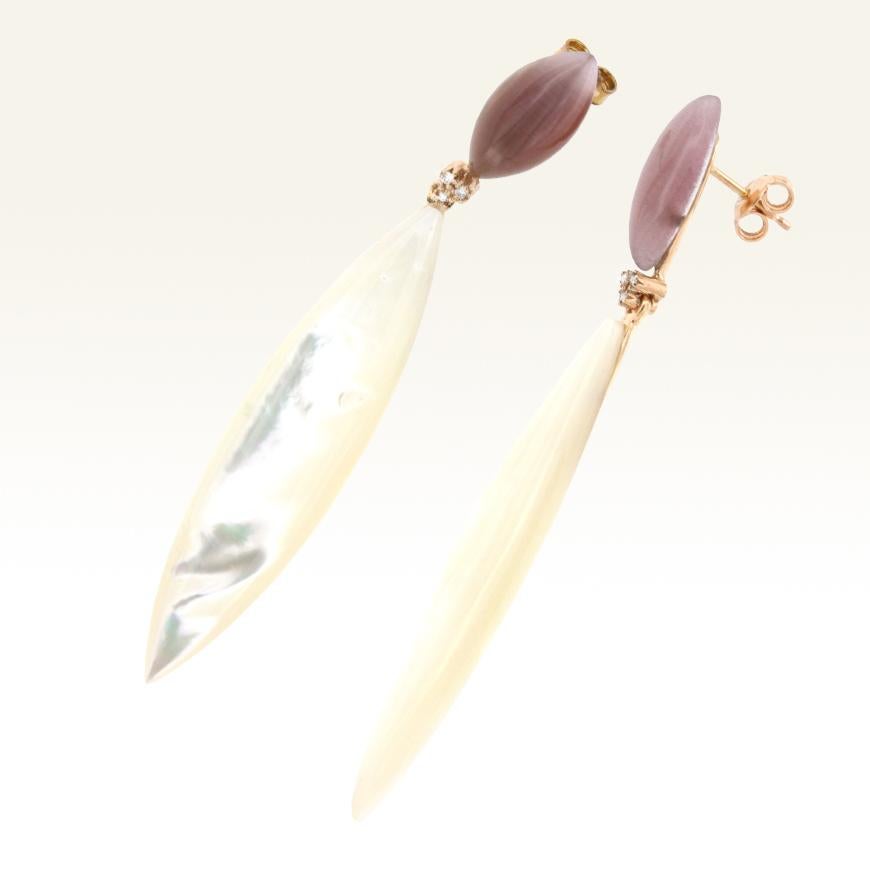 Modern 18 Karat Rose Gold with Light Purple Quartz Mother of Pearl and Diamond Earrings
