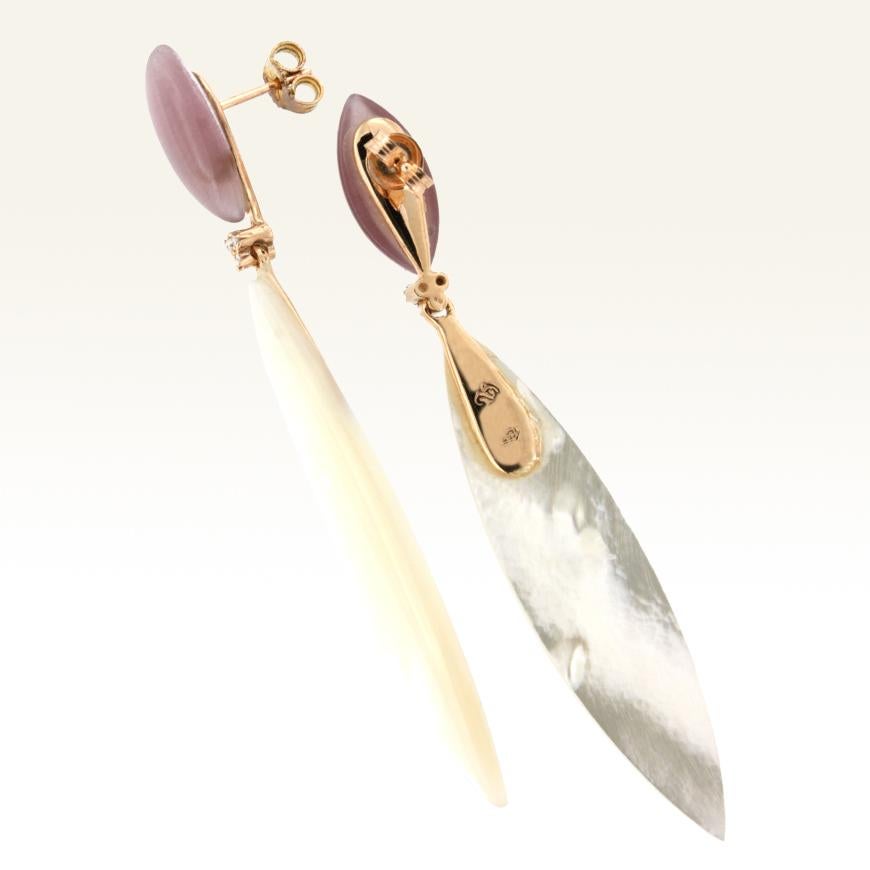 Marquise Cut 18 Karat Rose Gold with Light Purple Quartz Mother of Pearl and Diamond Earrings