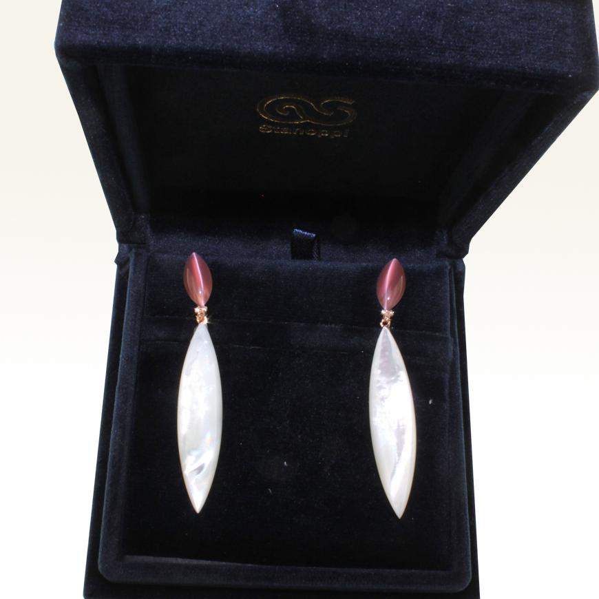Women's or Men's 18 Karat Rose Gold with Light Purple Quartz Mother of Pearl and Diamond Earrings