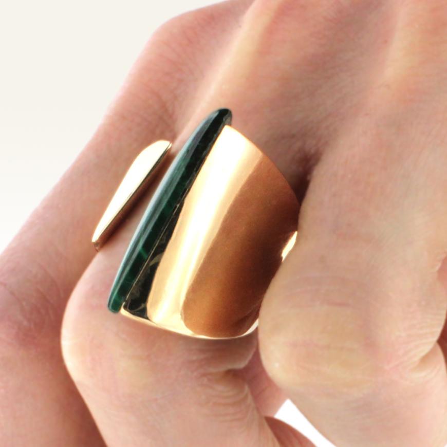 Trillion Cut 18 Karat Rose Gold with Malachite Ring For Sale
