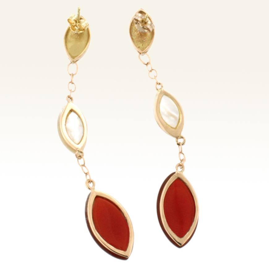 Marquise Cut 18 Karat Rose Gold with Mother of Pearl and Carnelian Earrings For Sale