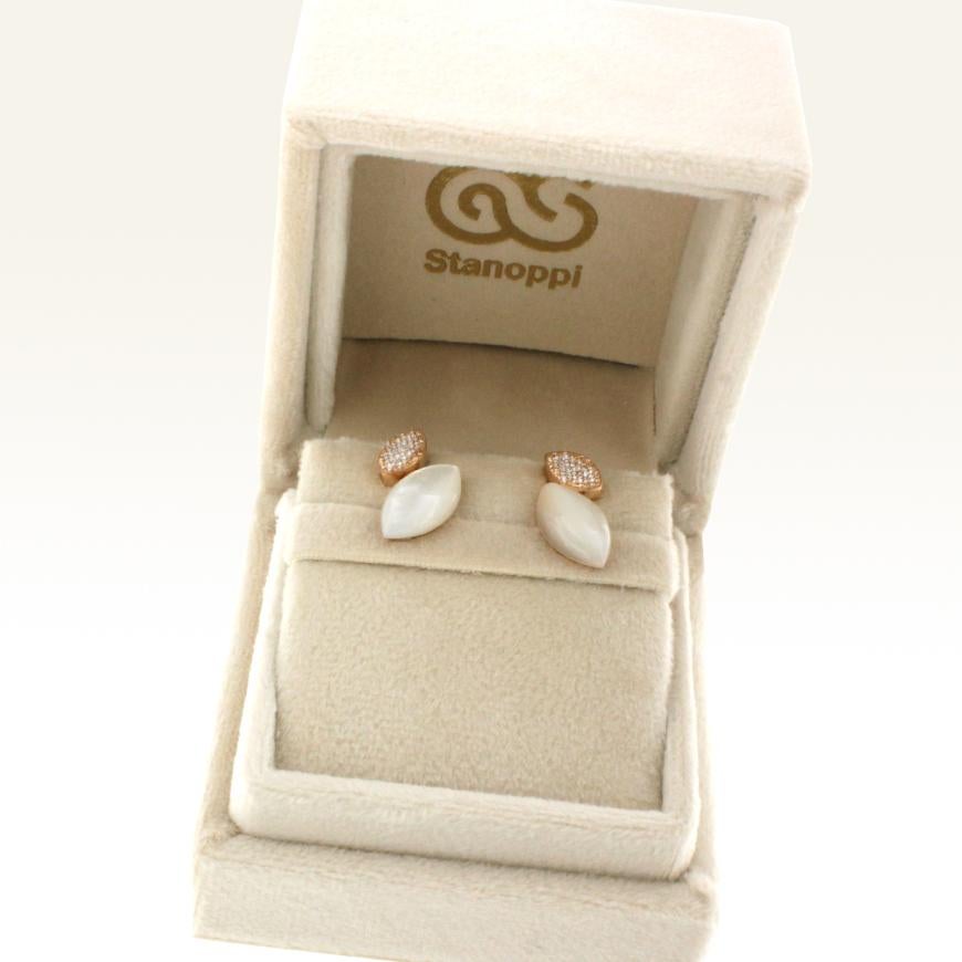 Modern 18 Karat Rose Gold with Mother of Pearl and White Diamond Earrings For Sale