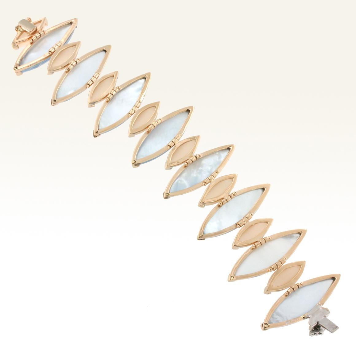 Marquise Cut 18 Karat Gold with Mother of Pearl Blue Topaz and White Diamond Bracelet For Sale