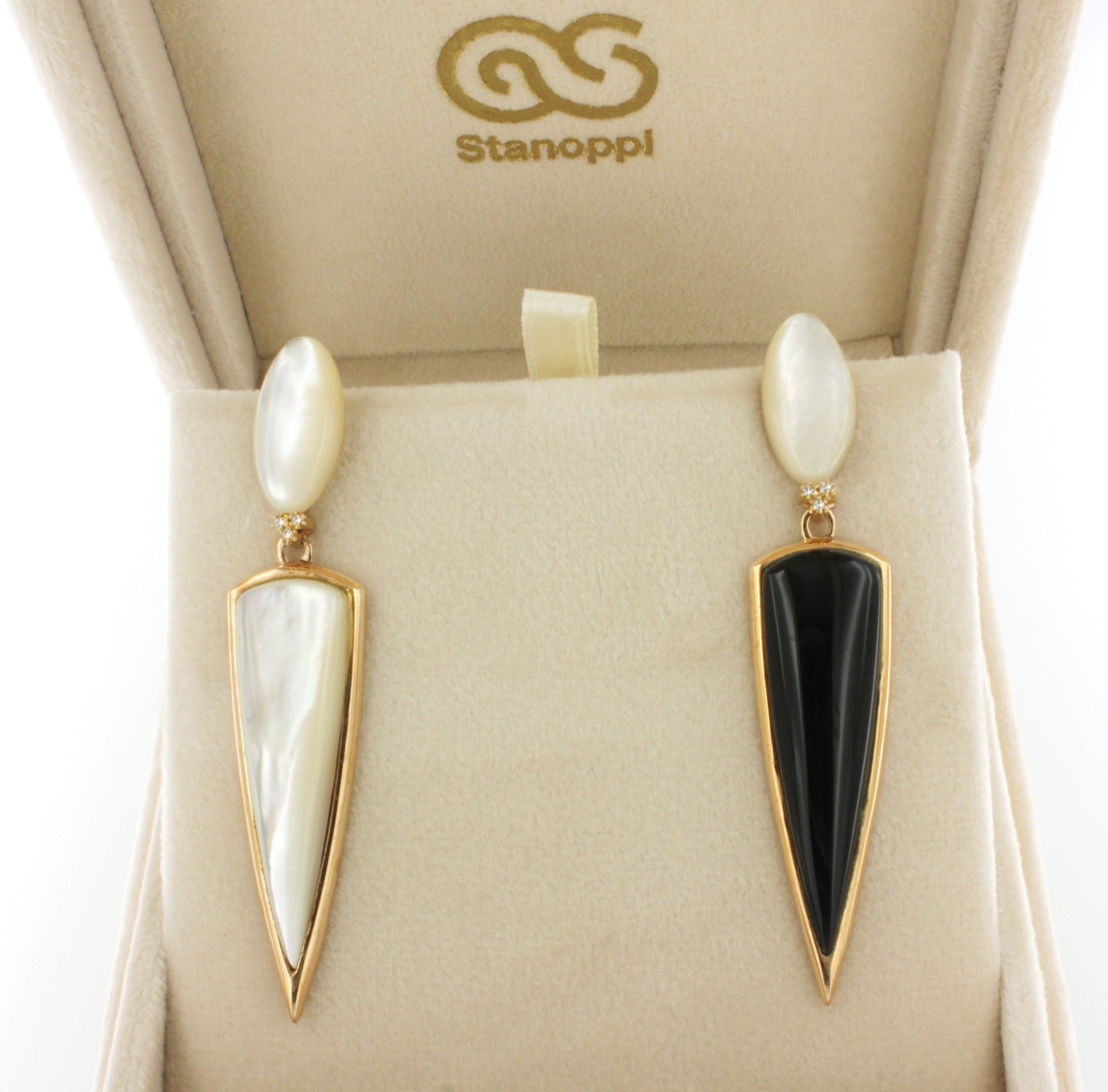 Women's or Men's 18 Kt Rose Gold with Mother of Pearl Onyx and White Diamonds Earrings For Sale