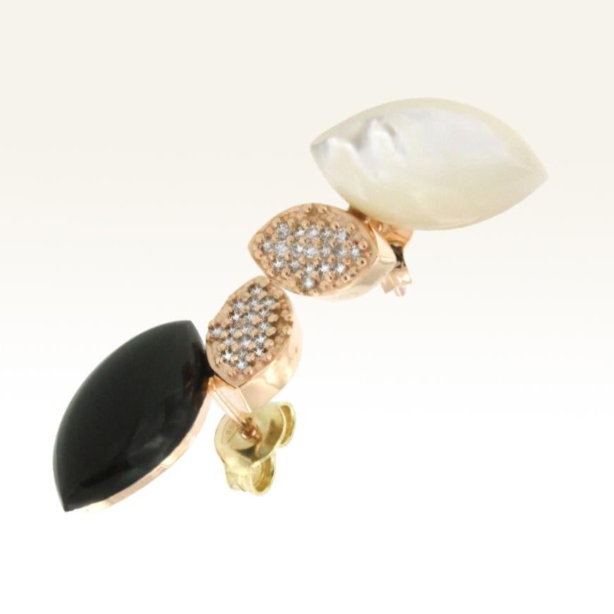 Contemporary 18 Karat Rose Gold with Onix Mother of Pearl and White Diamond Earrings For Sale
