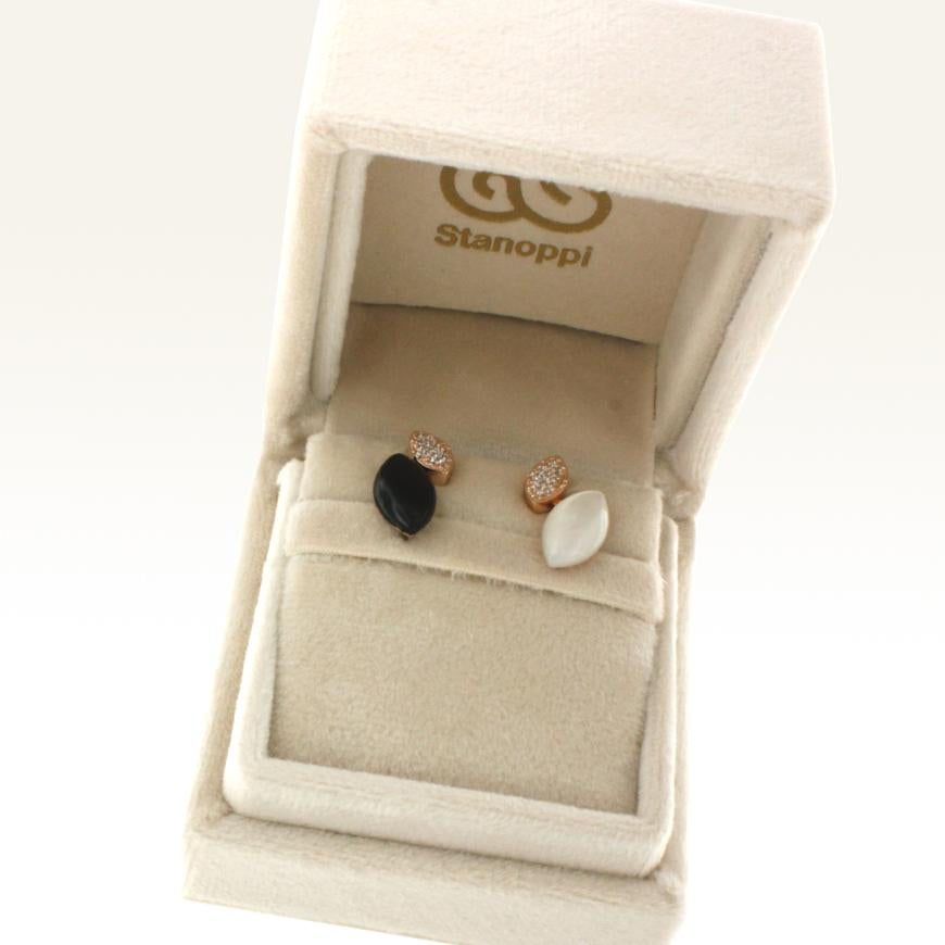 Marquise Cut 18 Karat Rose Gold with Onix Mother of Pearl and White Diamond Earrings For Sale