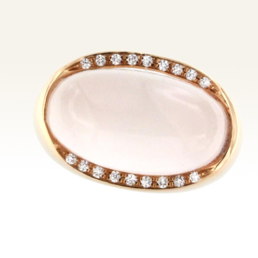 Modern 18 Karat Rose Gold with Pink Quartz and White Diamond Ring For Sale