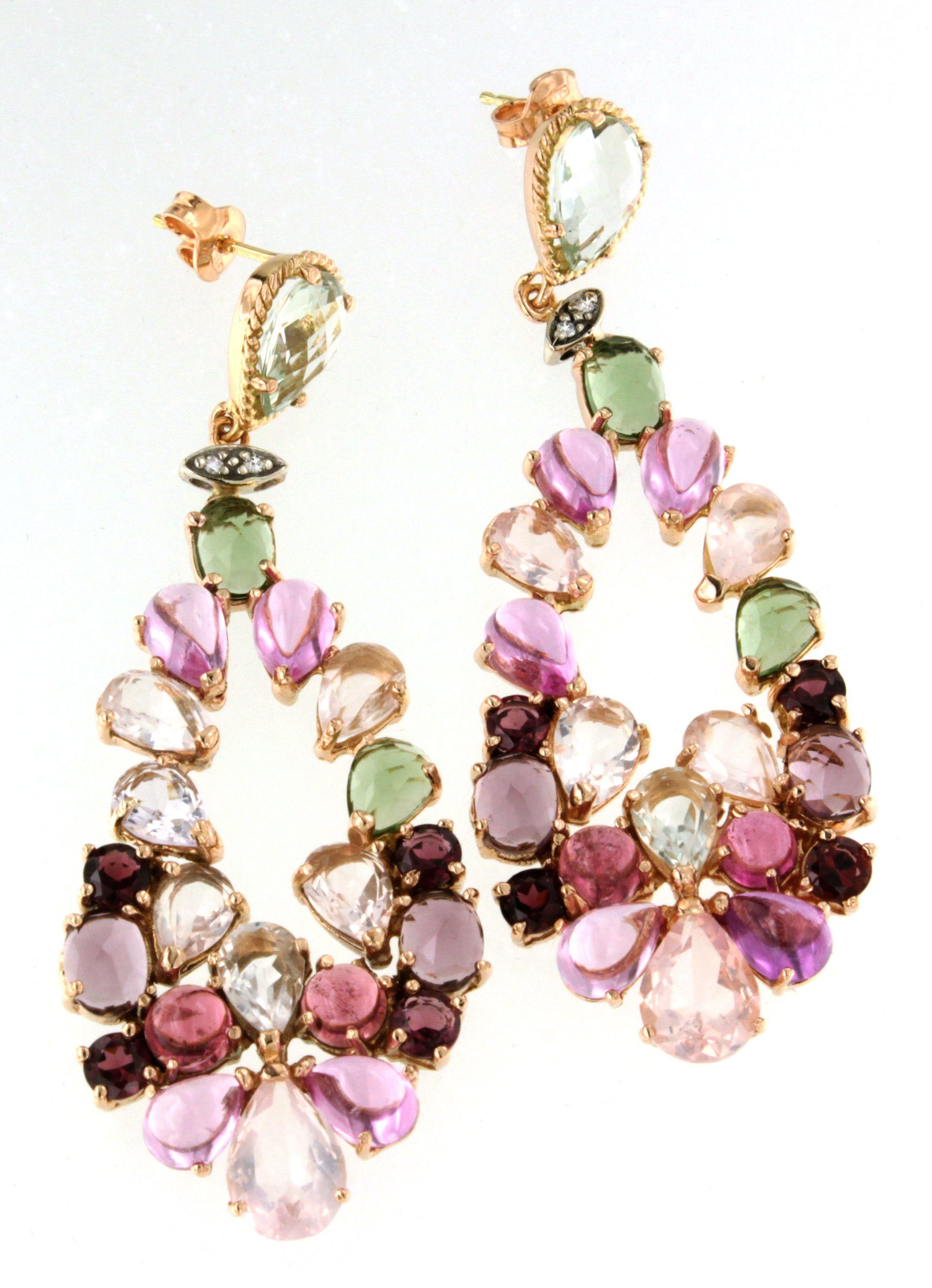 Contemporary 18 Kt Rose Gold With Quartz Tourmaline Diamonds Made in Italy Fashion Earrings For Sale