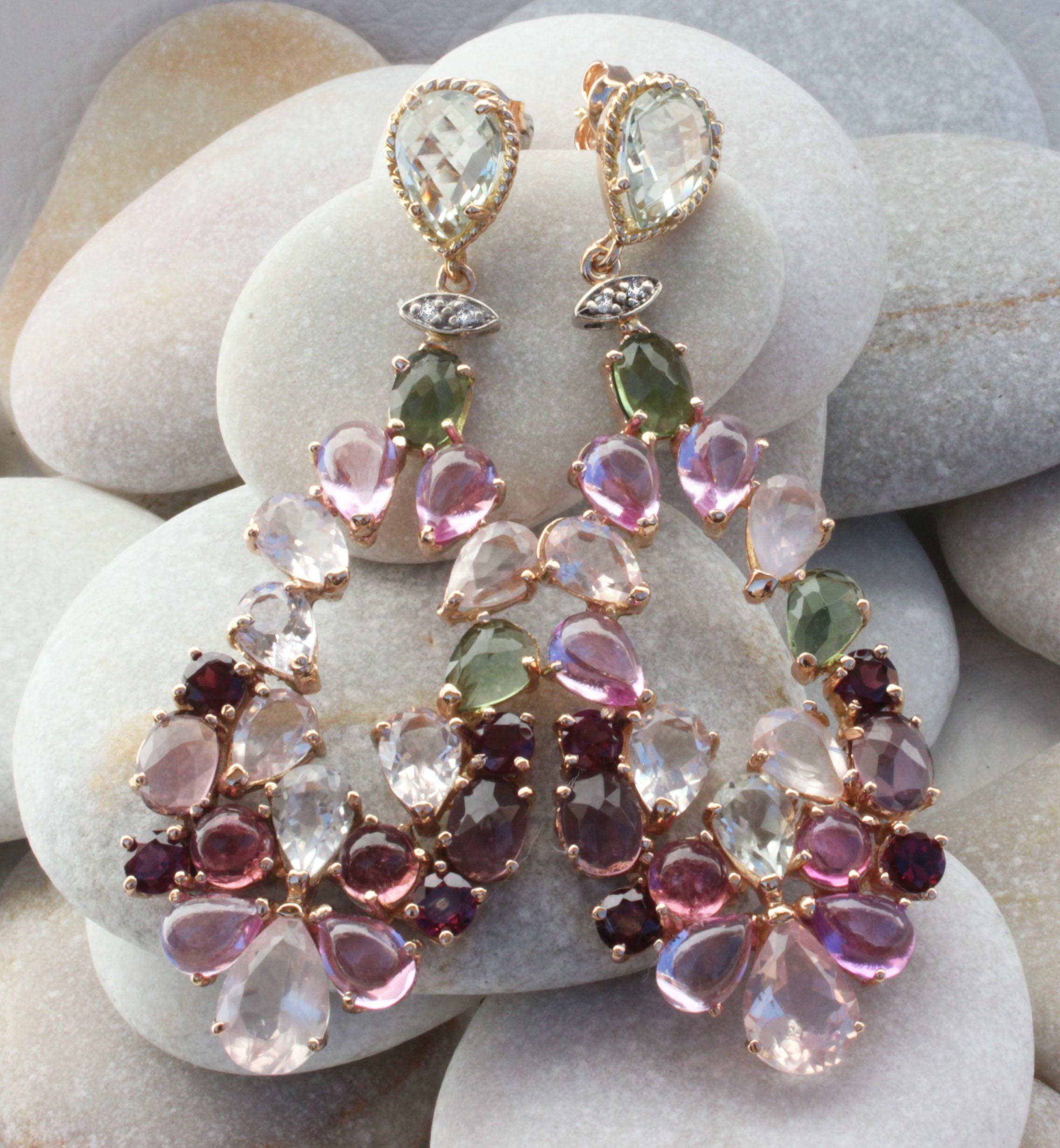 Rose Cut 18 Kt Rose Gold With Quartz Tourmaline Diamonds Made in Italy Fashion Earrings For Sale