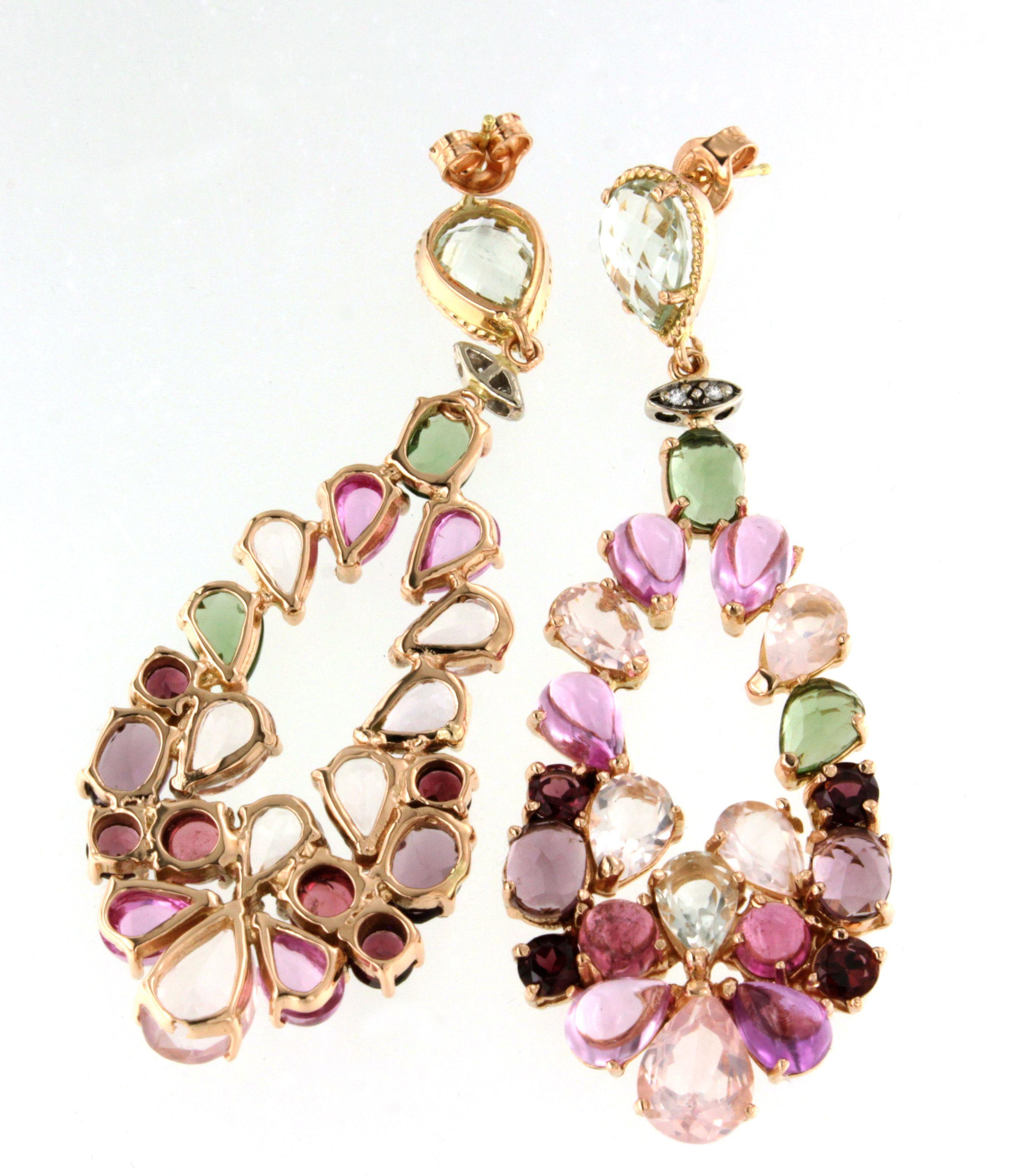 18 Kt Rose Gold With Quartz Tourmaline Diamonds Made in Italy Fashion Earrings In New Condition For Sale In GALLARATE, IT