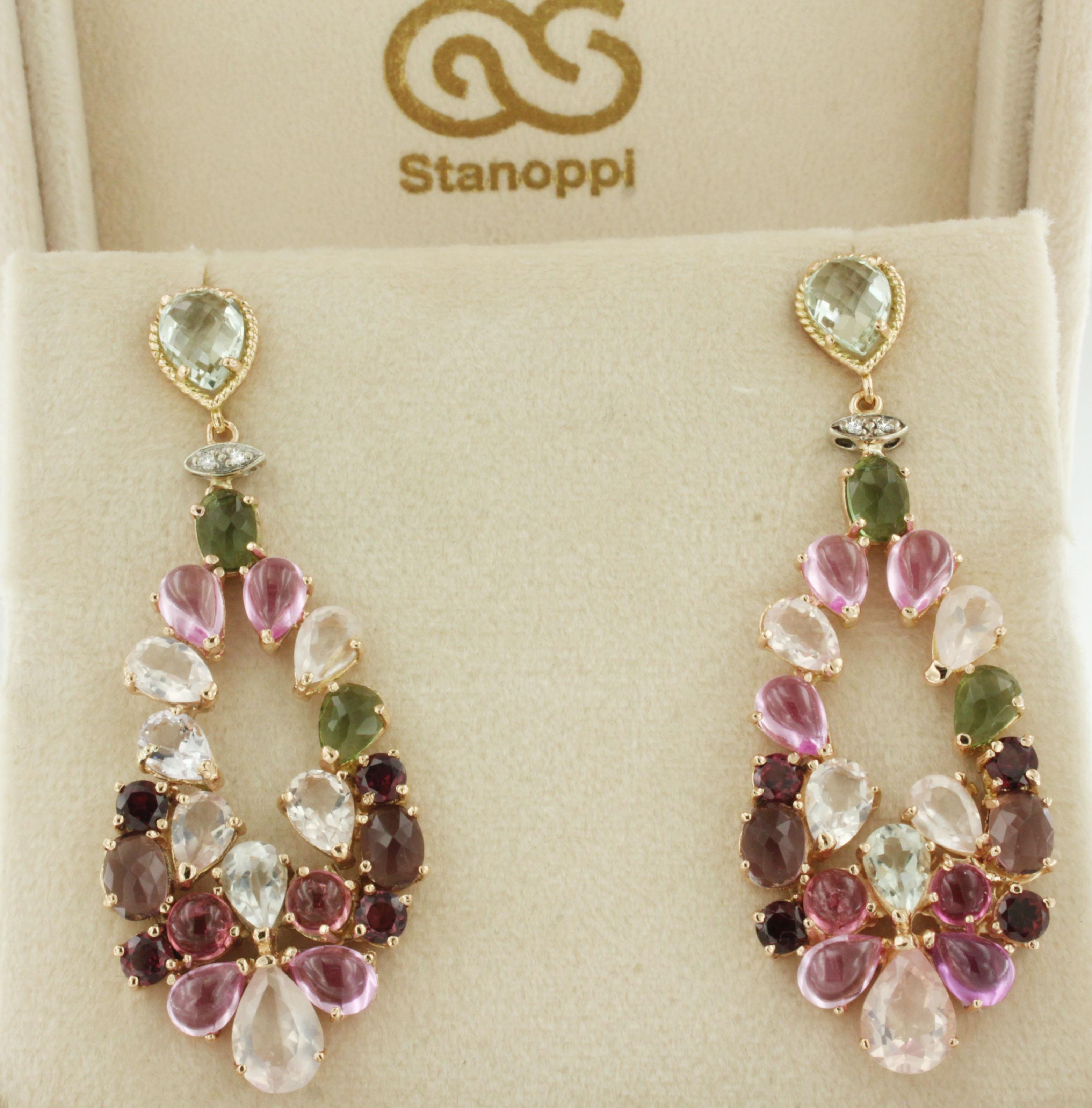 Women's 18 Kt Rose Gold With Quartz Tourmaline Diamonds Made in Italy Fashion Earrings For Sale