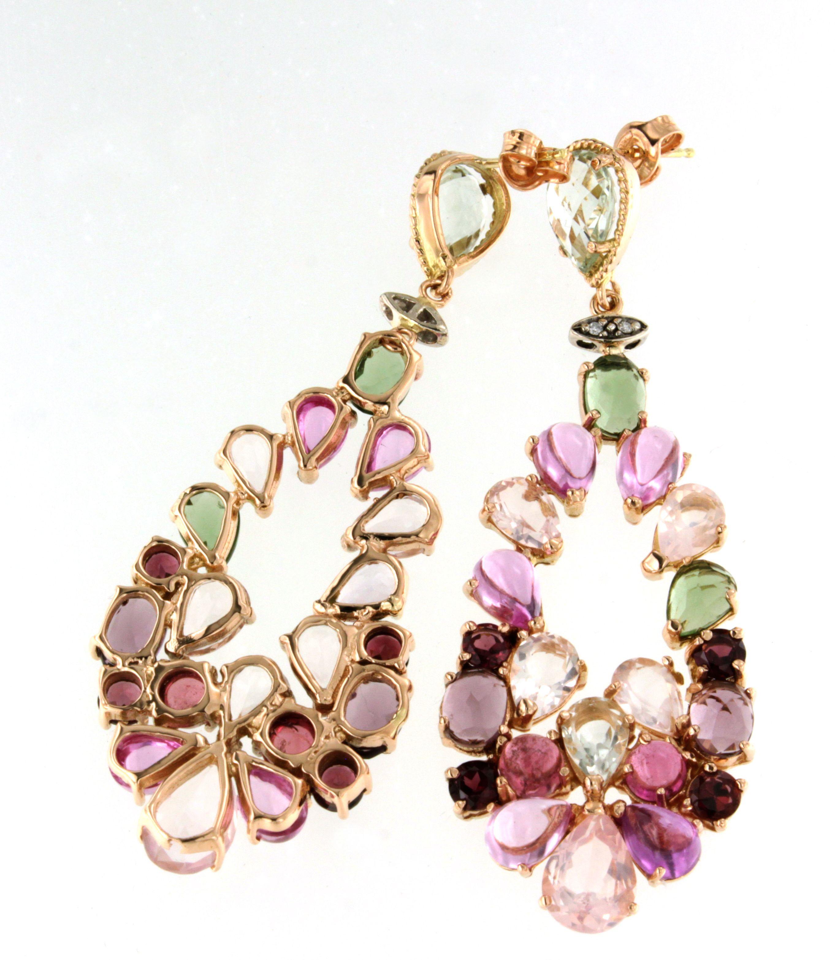 18 Kt Rose Gold With Quartz Tourmaline Diamonds Made in Italy Fashion Earrings For Sale 1