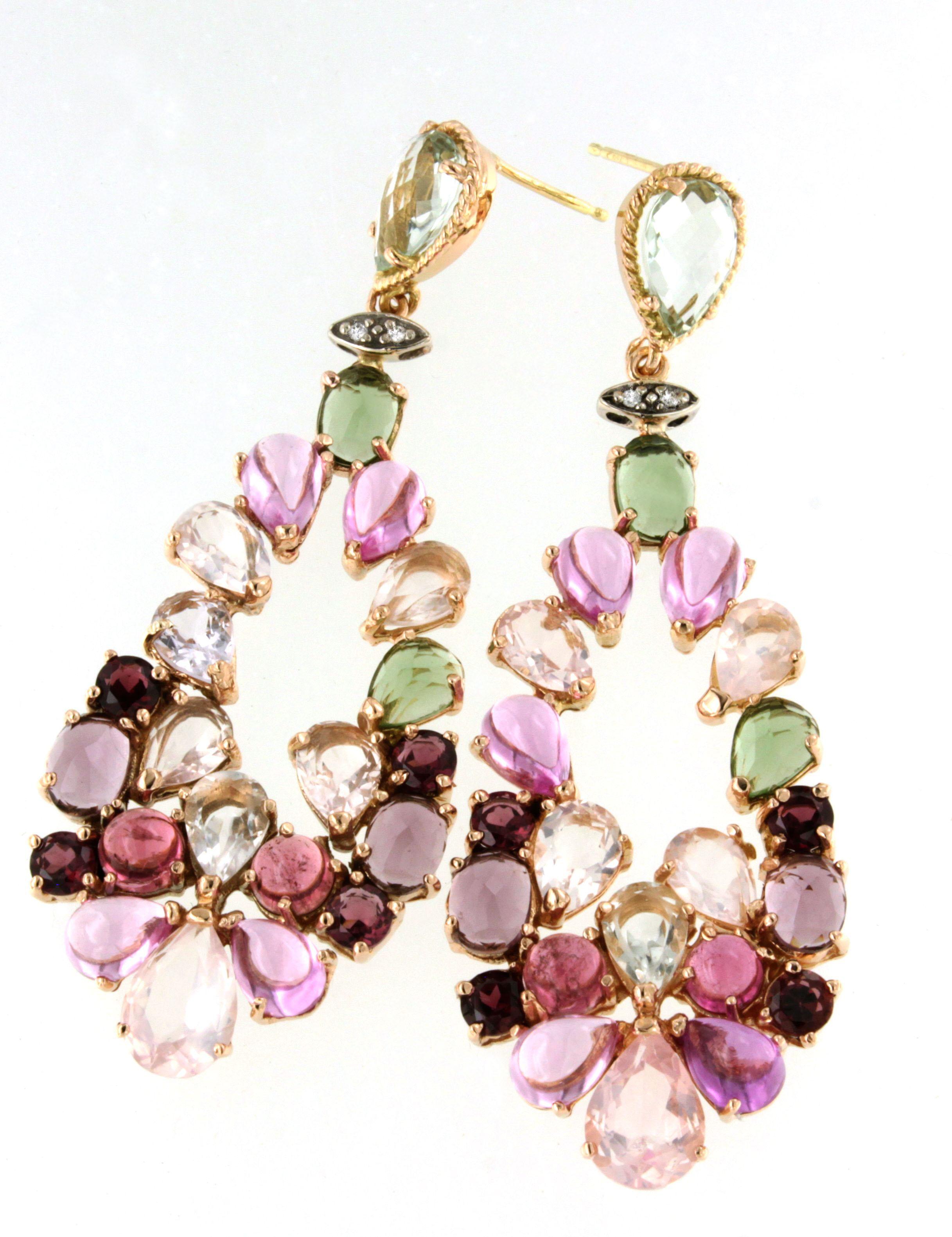 18 Kt Rose Gold With Quartz Tourmaline Diamonds Made in Italy Fashion Earrings For Sale 2