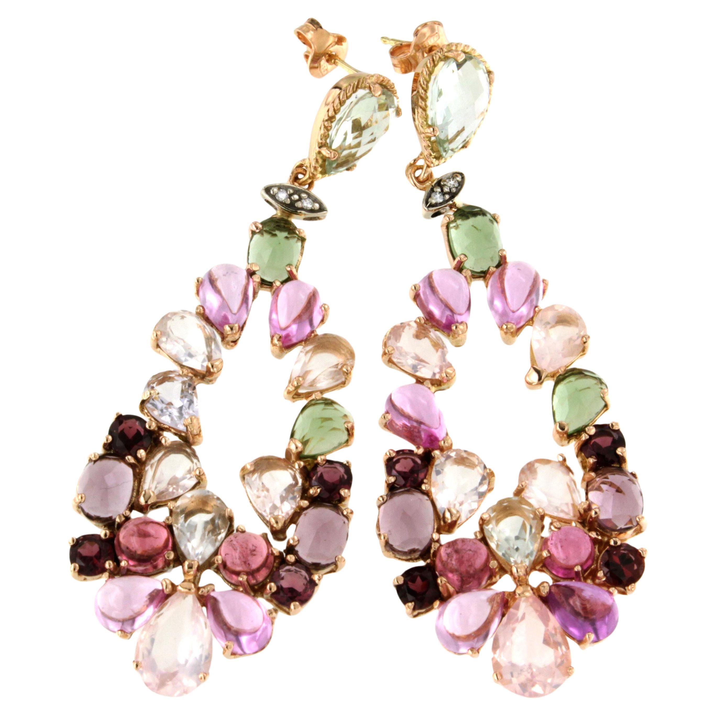 Boucles d'oreilles de mode en or rose 18 carats avec tourmaline de quartz et diamants, fabriquées en Italie
