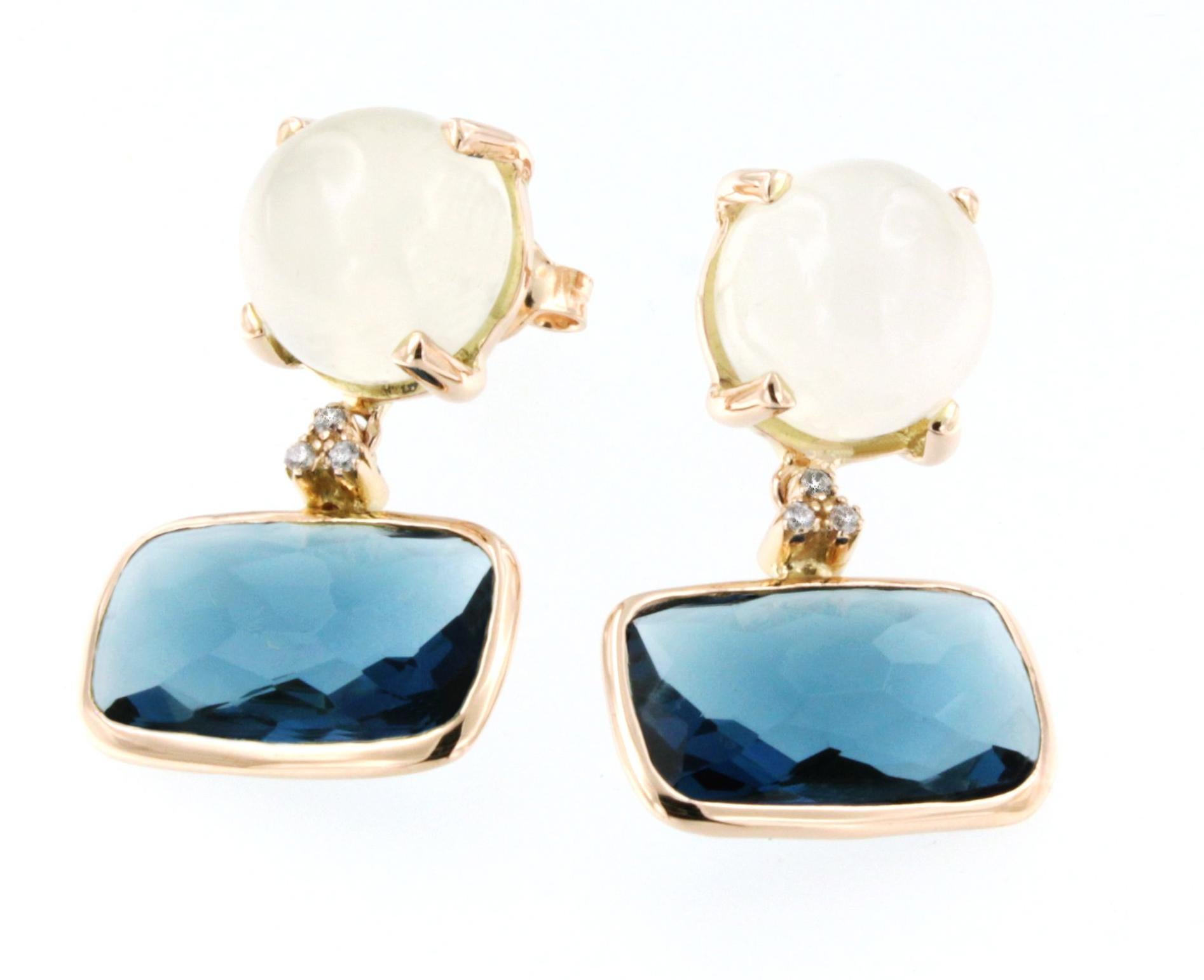 Earrings in rose gold 18 Karat with white Moonstone (round cabochon cut, size: 10mm), London Blue Topaz (rectangular cut, size: 10x16 mm) and white Diamonds cts 0,04 VS colour G/H.

All Stanoppi Jewelry is new and has never been previously owned or