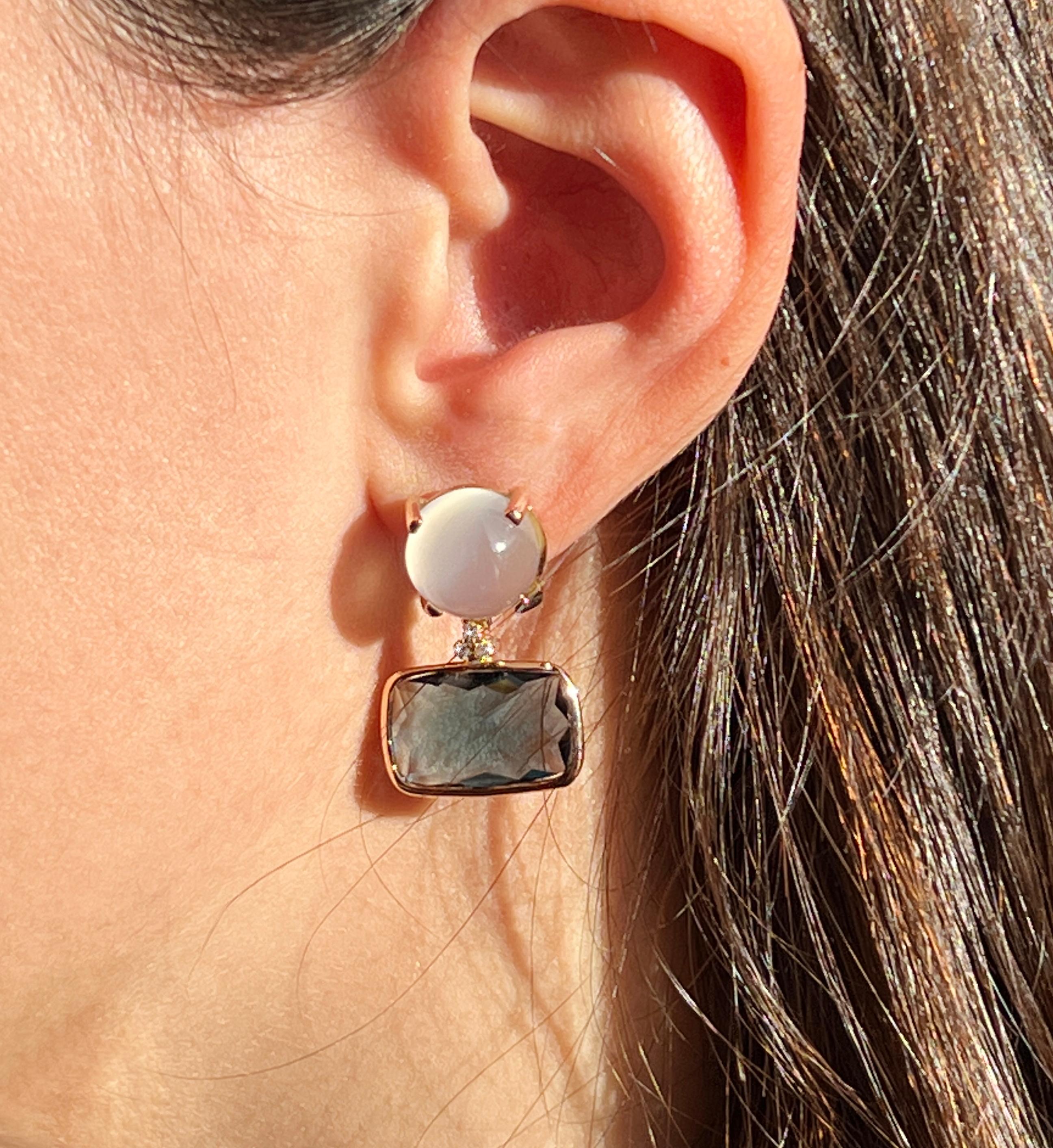 Modern 18 Kt Rose Gold with White Moonstone London Blue Topaz White Diamonds Earrings For Sale