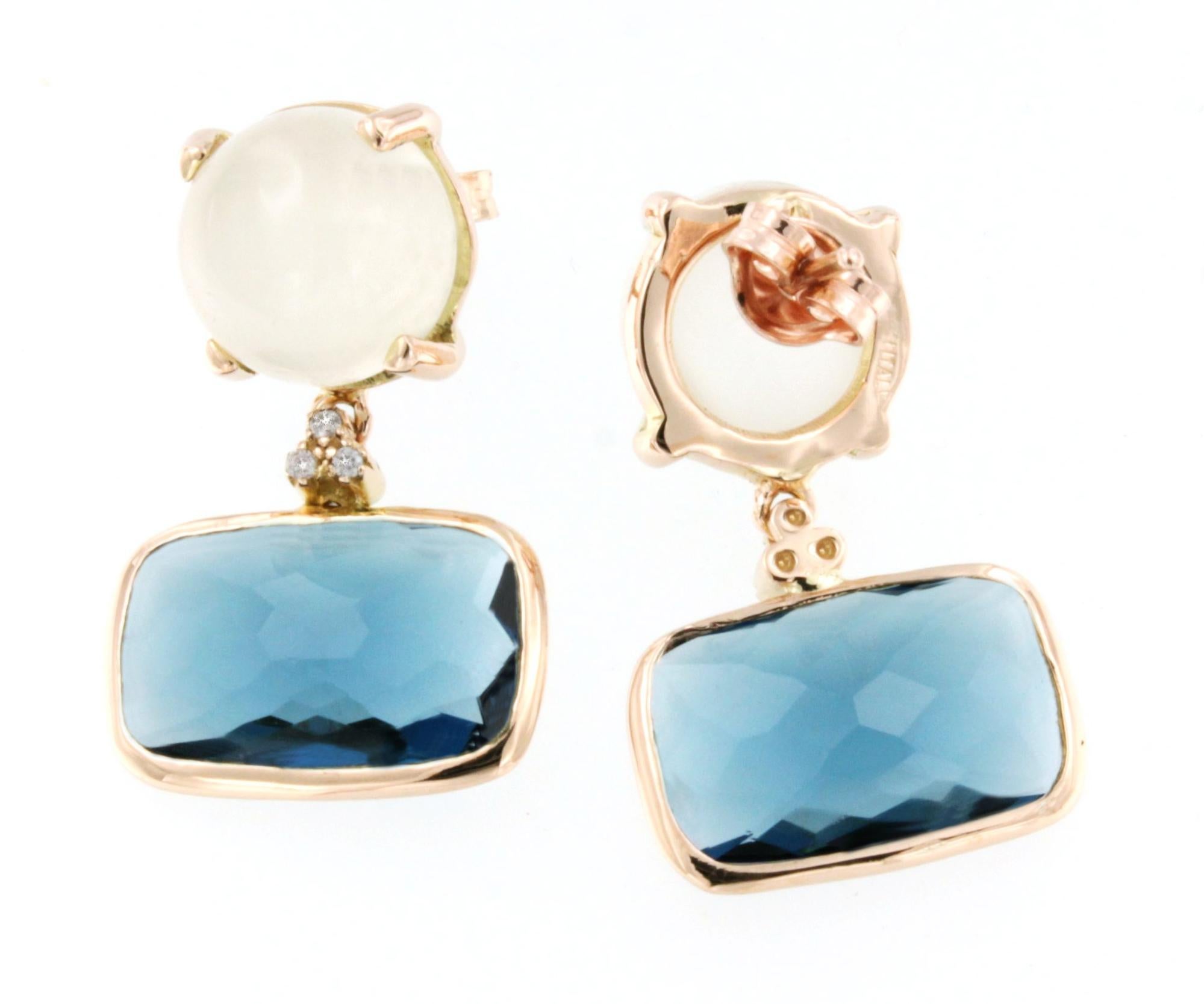 Round Cut 18 Kt Rose Gold with White Moonstone London Blue Topaz White Diamonds Earrings For Sale