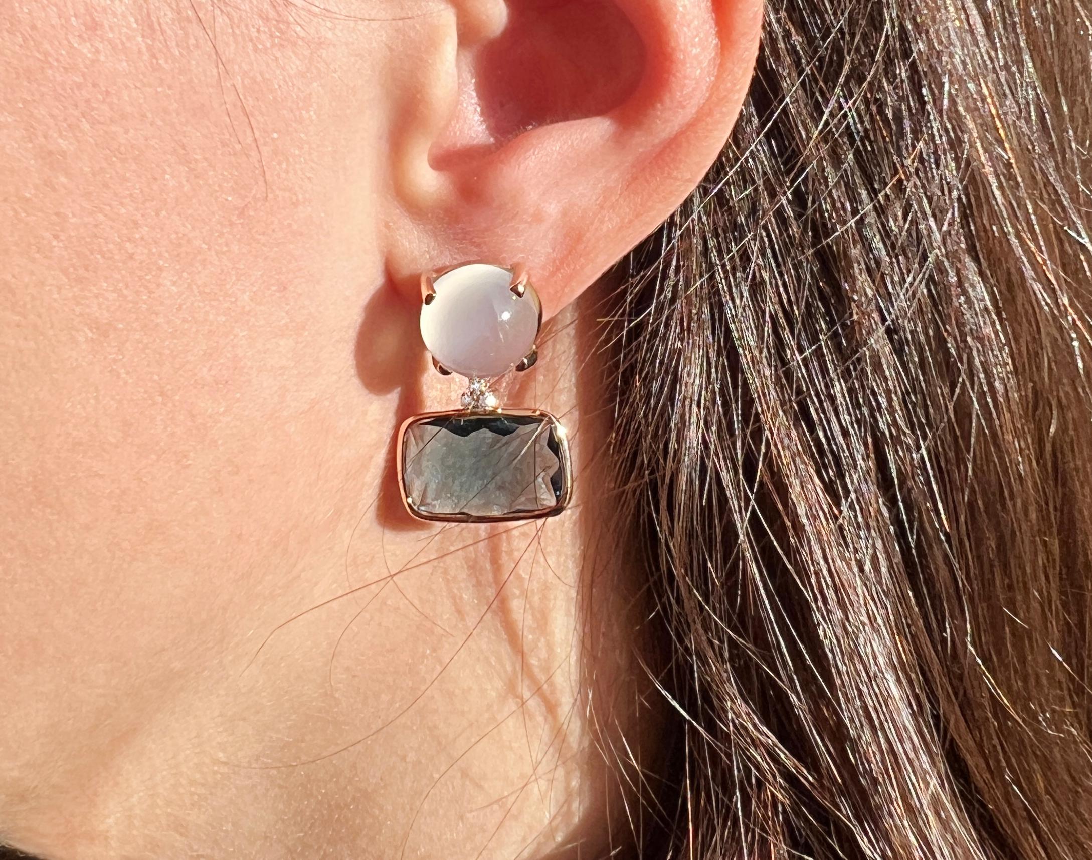 18 Kt Rose Gold with White Moonstone London Blue Topaz White Diamonds Earrings In New Condition For Sale In GALLARATE, IT