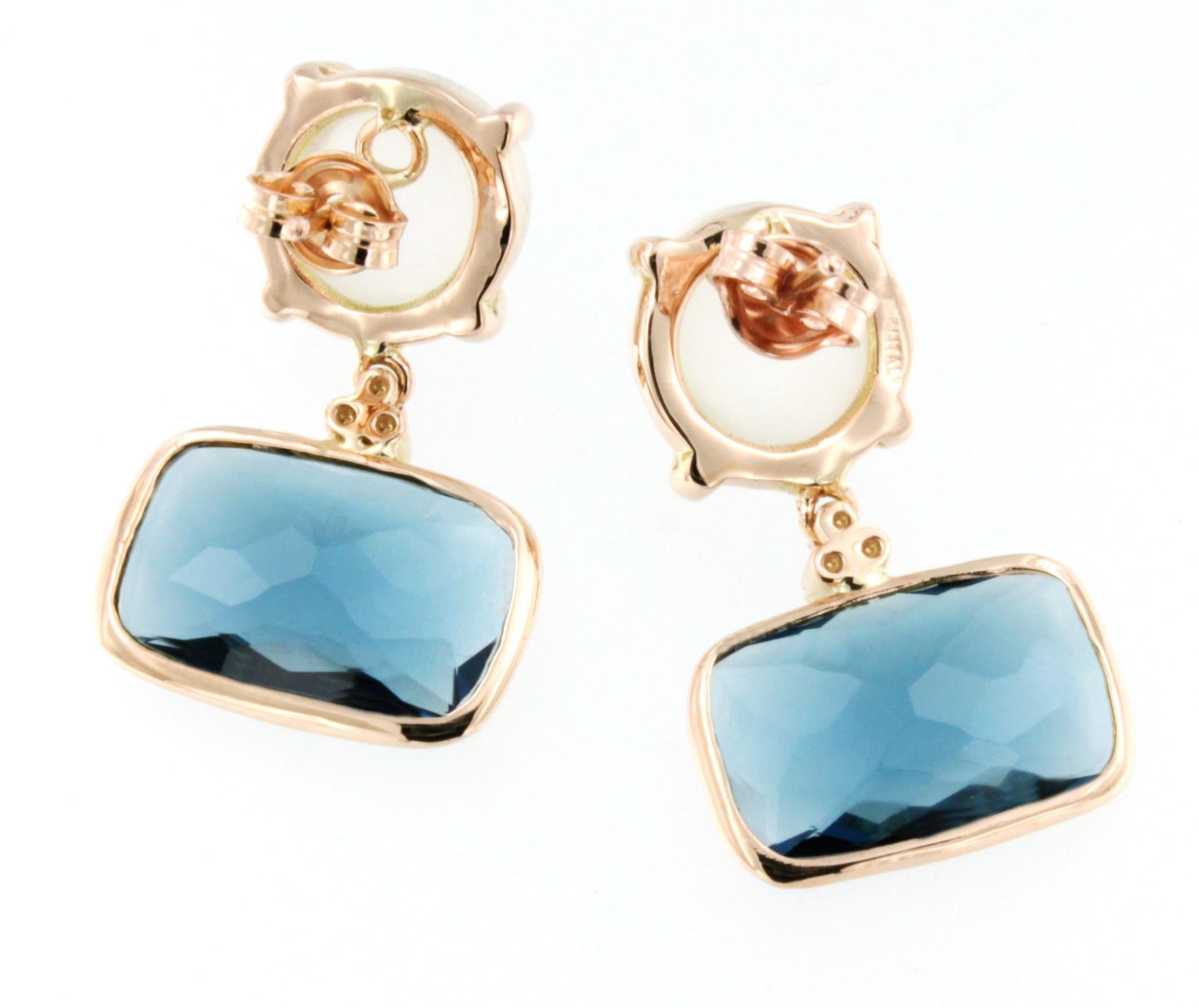 Women's or Men's 18 Kt Rose Gold with White Moonstone London Blue Topaz White Diamonds Earrings For Sale