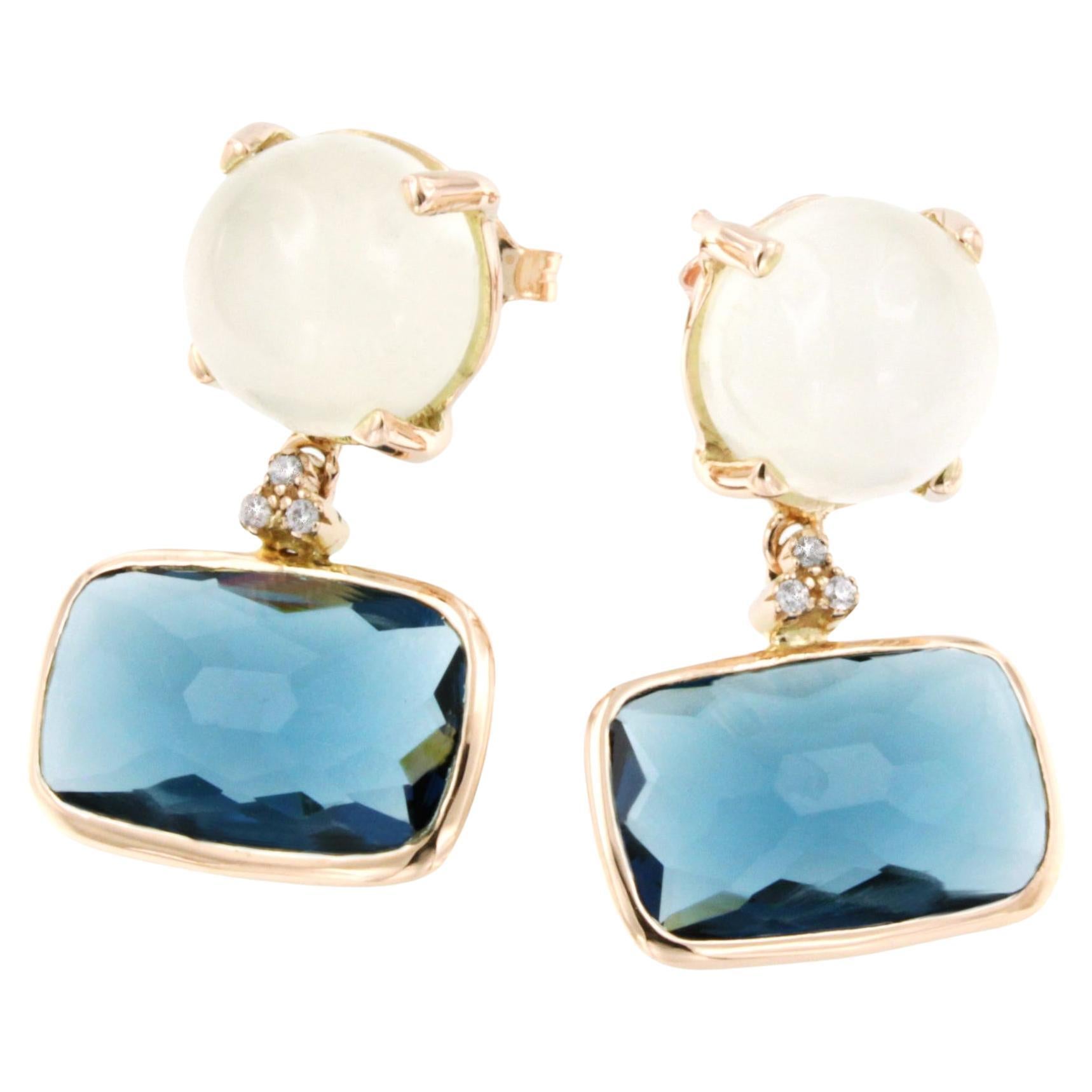 18 Kt Rose Gold with White Moonstone London Blue Topaz White Diamonds Earrings For Sale