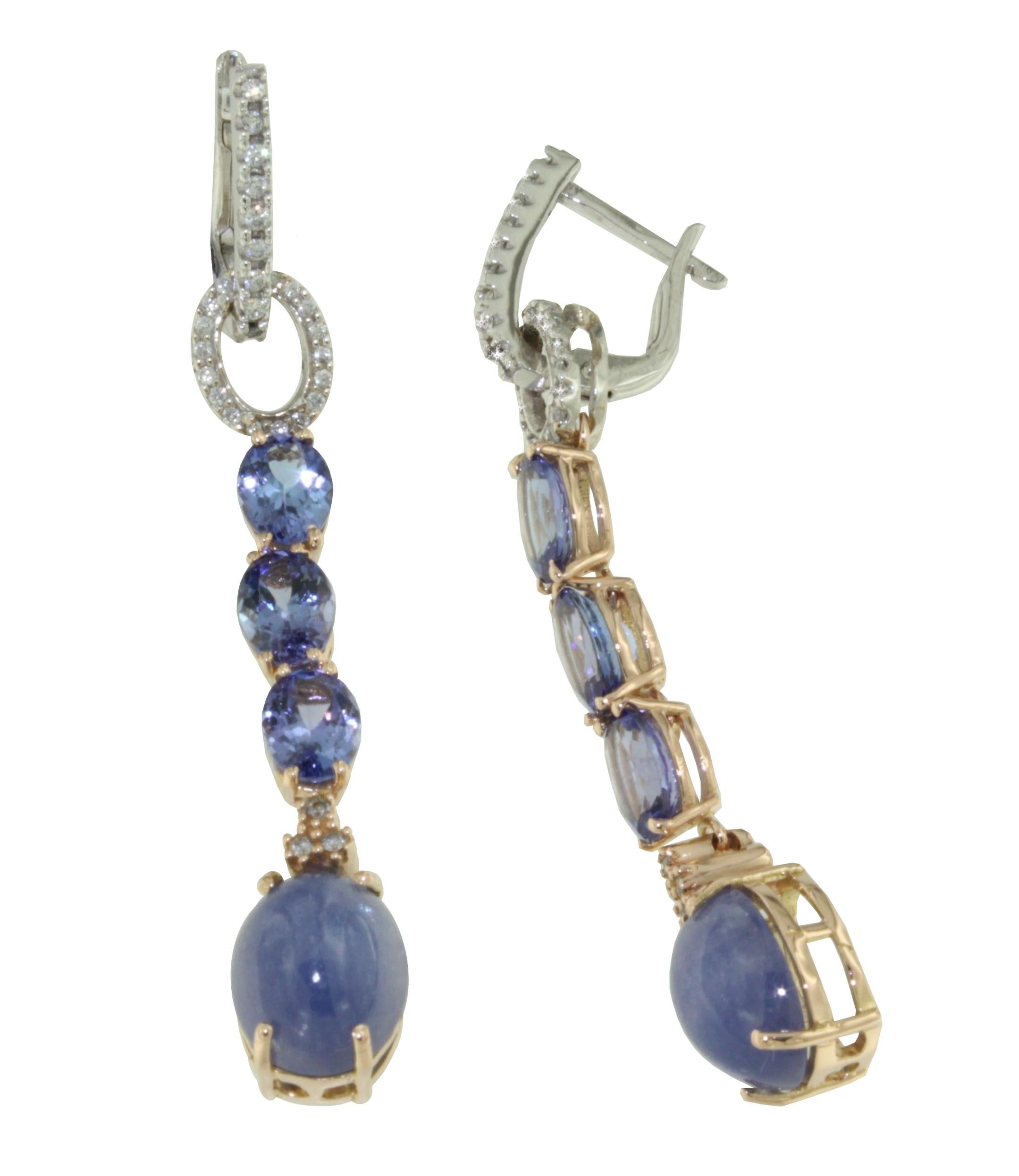 Taglio ovale Orecchini Elegnat Contemporanei in oro rosa bianco 18 Kt con tanzanite e diamanti in vendita