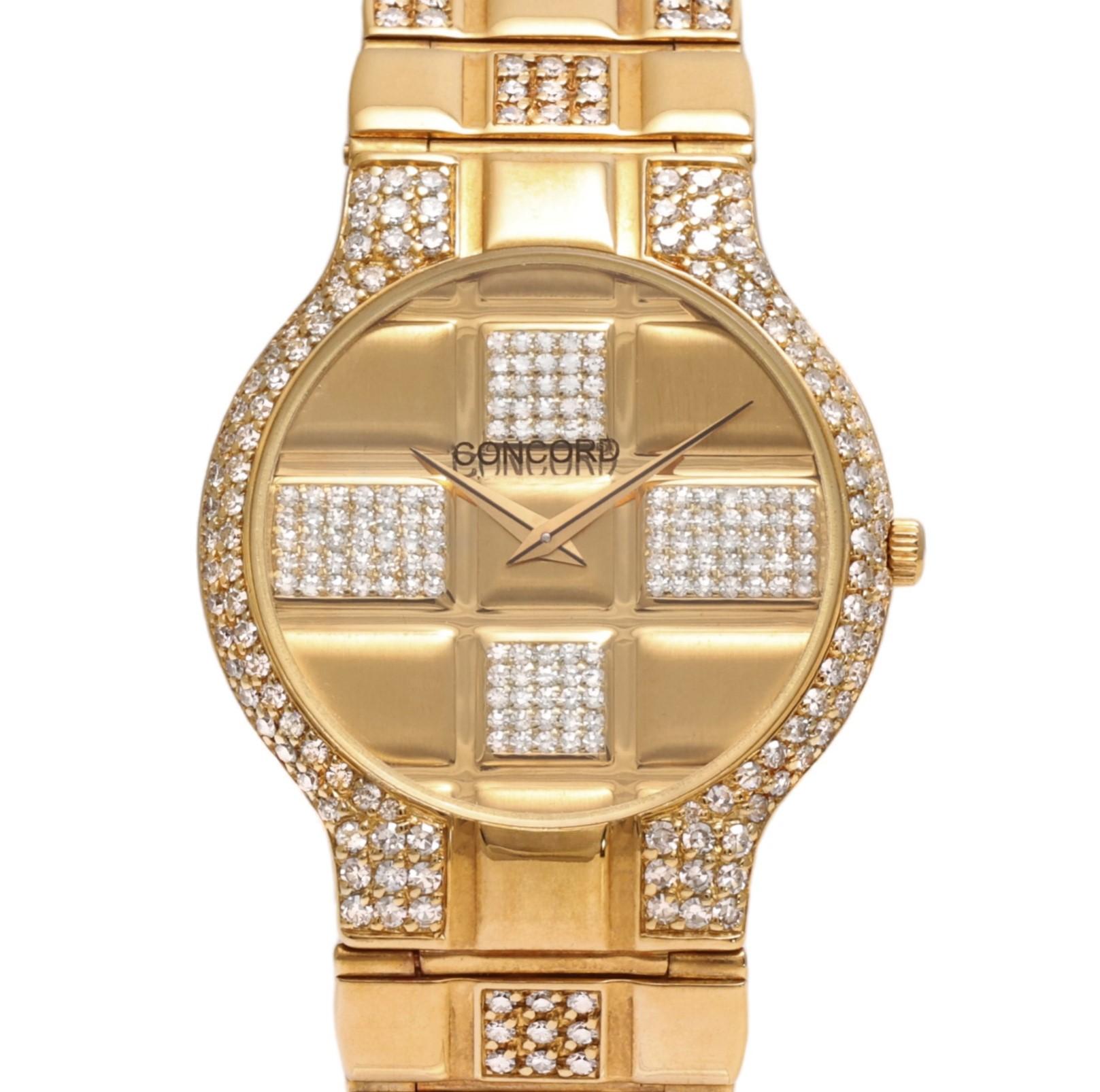 18 Kt. Solid Gold & Diamonds Concord Wrist Watch

Movement: Quartz

Case: 18 kt. Yellow gold, diameter 31 mm, thickness 5 mm, Bezel set with diamonds

Dial: Gold dial set with diamonds

Strap: 18 kt. yellow gold strap with diamonds, Will max fit a