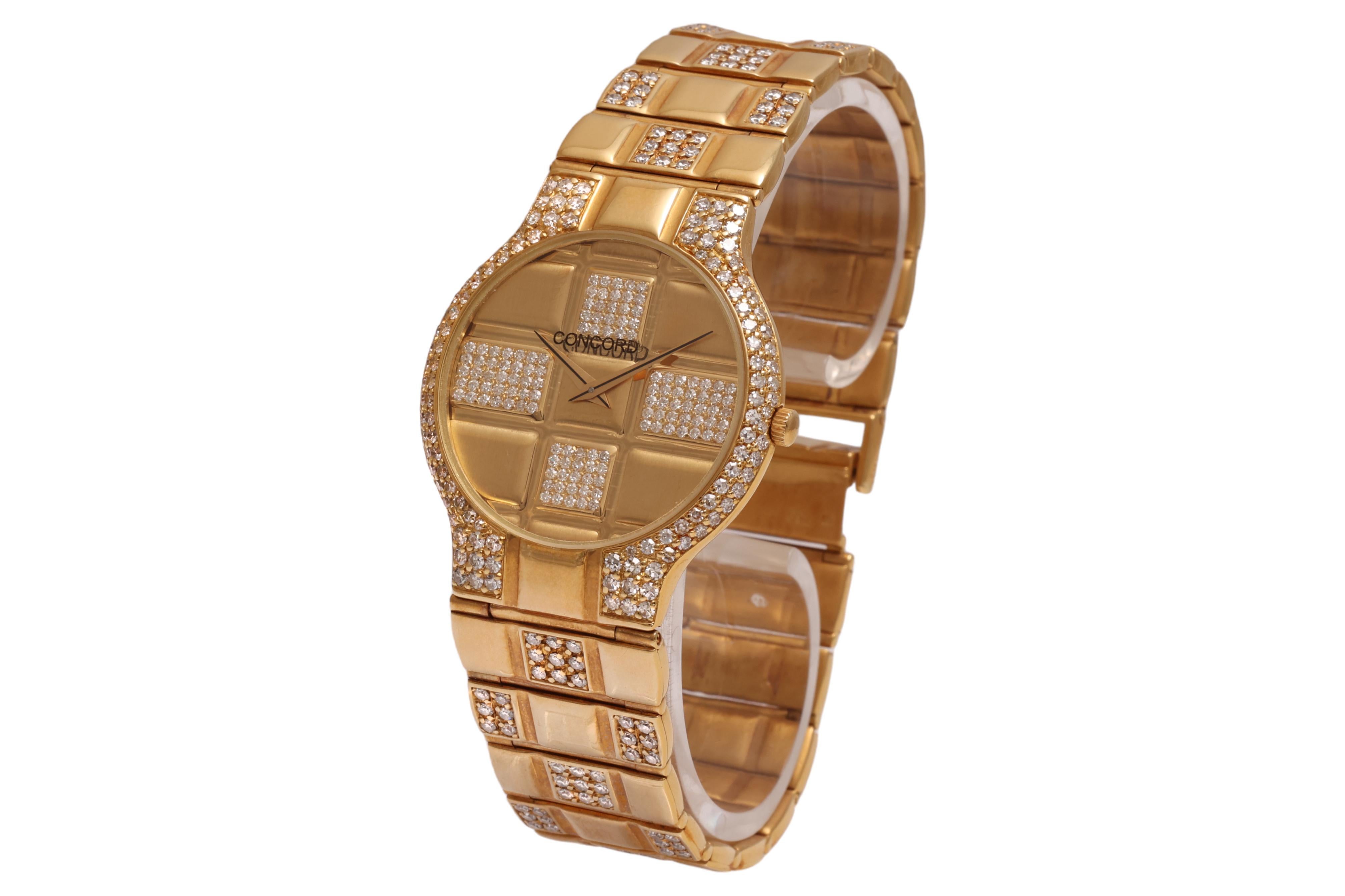 Brilliant Cut 18 Kt Solid Full Gold & Diamonds Concord Wrist Watch Full Set For Sale