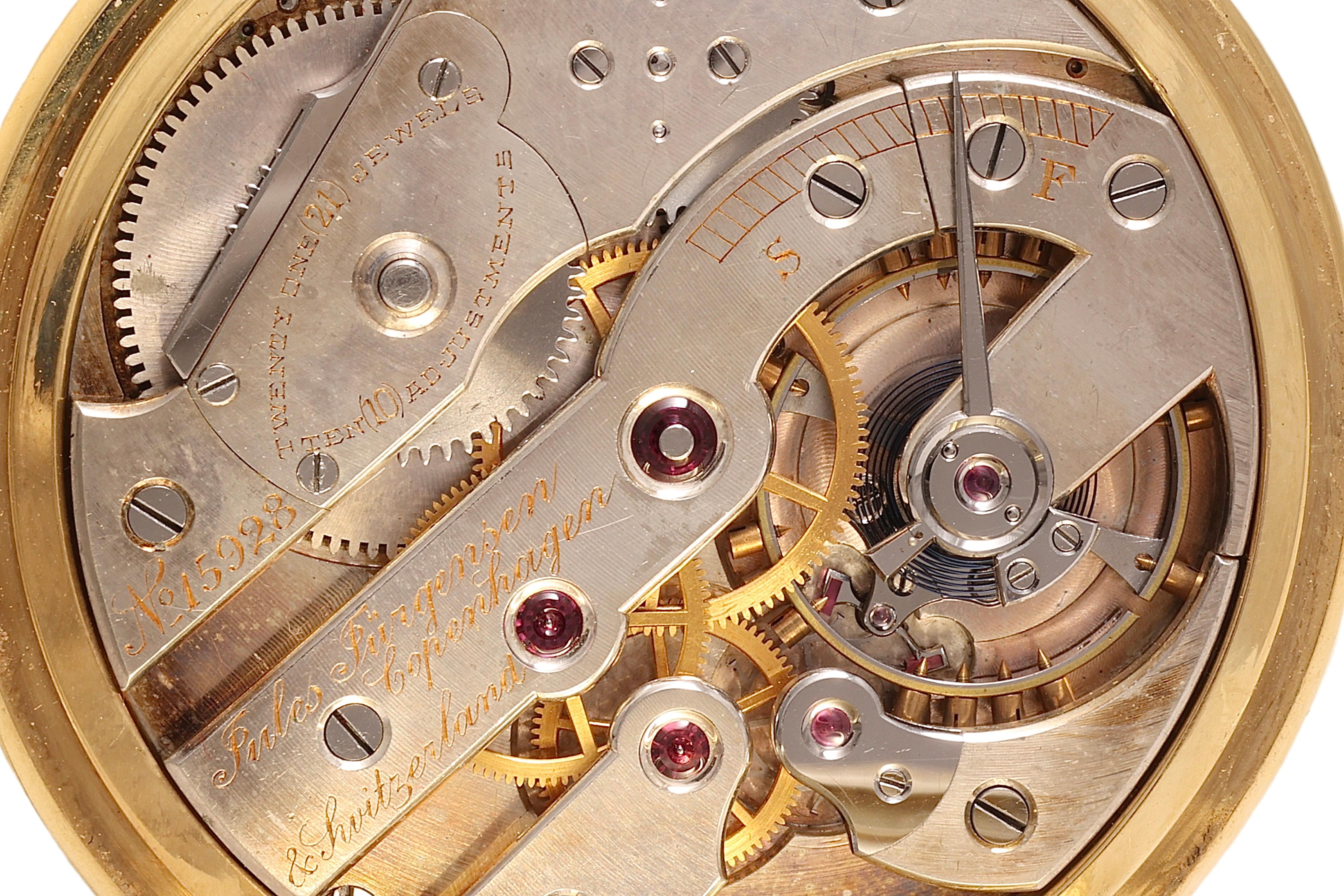Reloj de bolsillo Jules Jürgensen Copenhagen de oro macizo de 18 quilates, caja y papeles en venta 3