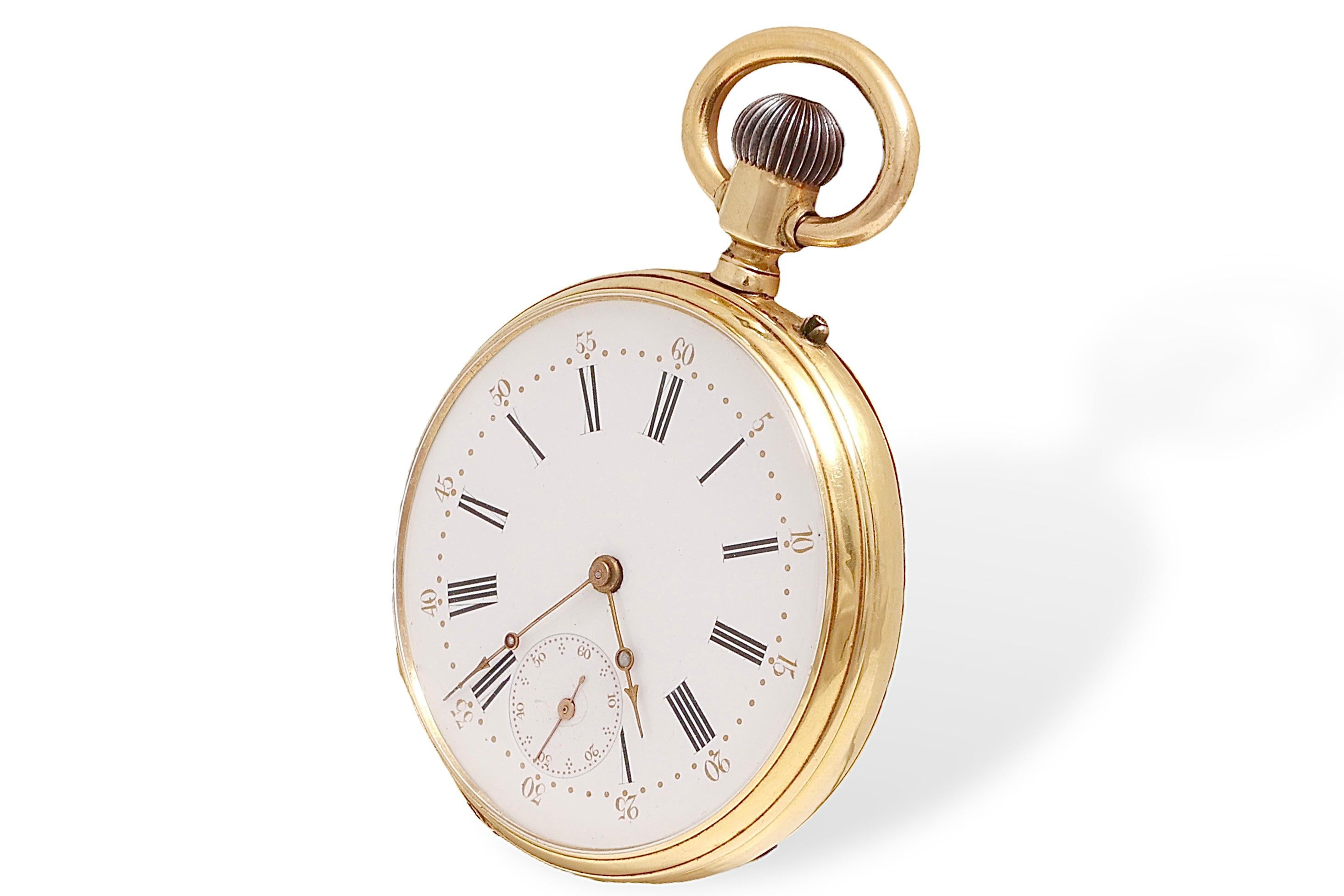18 Kt Solid Gold Pateck Geneve Spiral Breguet Open Face Pocket Watch

Dial: White Enamel dial with black Roman numerals ,2 Rose Cut Diamonds in hour & minute hands

Case: Measurements: Diameter 47.5, Thickness 13.5 mm

Total weight: 73.5 gram /