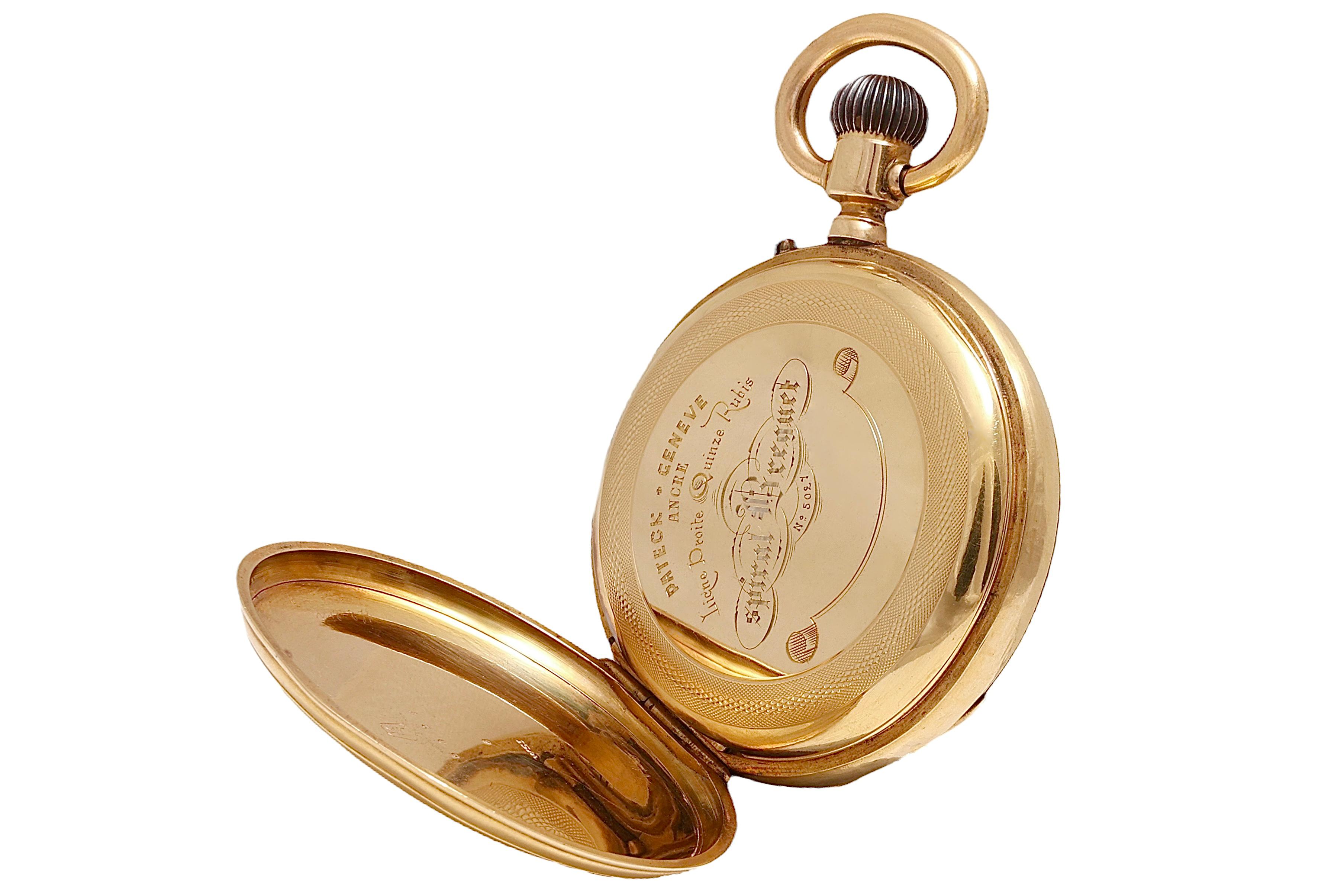 18 Kt Solid Gold Pateck Geneve Spiral Breguet Open Face Pocket Watch In Excellent Condition For Sale In Antwerp, BE