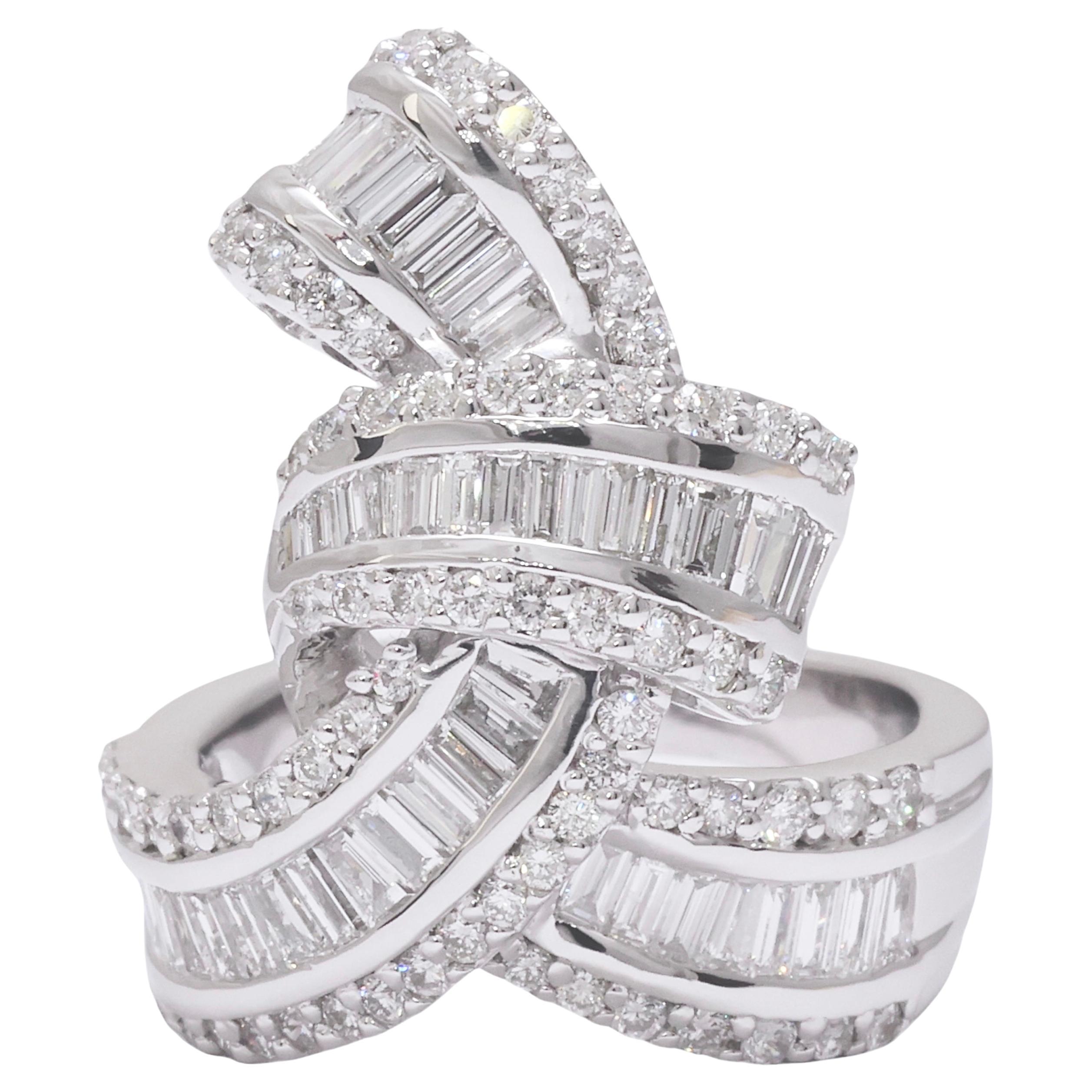 18 Kt Massiv Weißgold Baguette & Brillantschliff Diamantring
