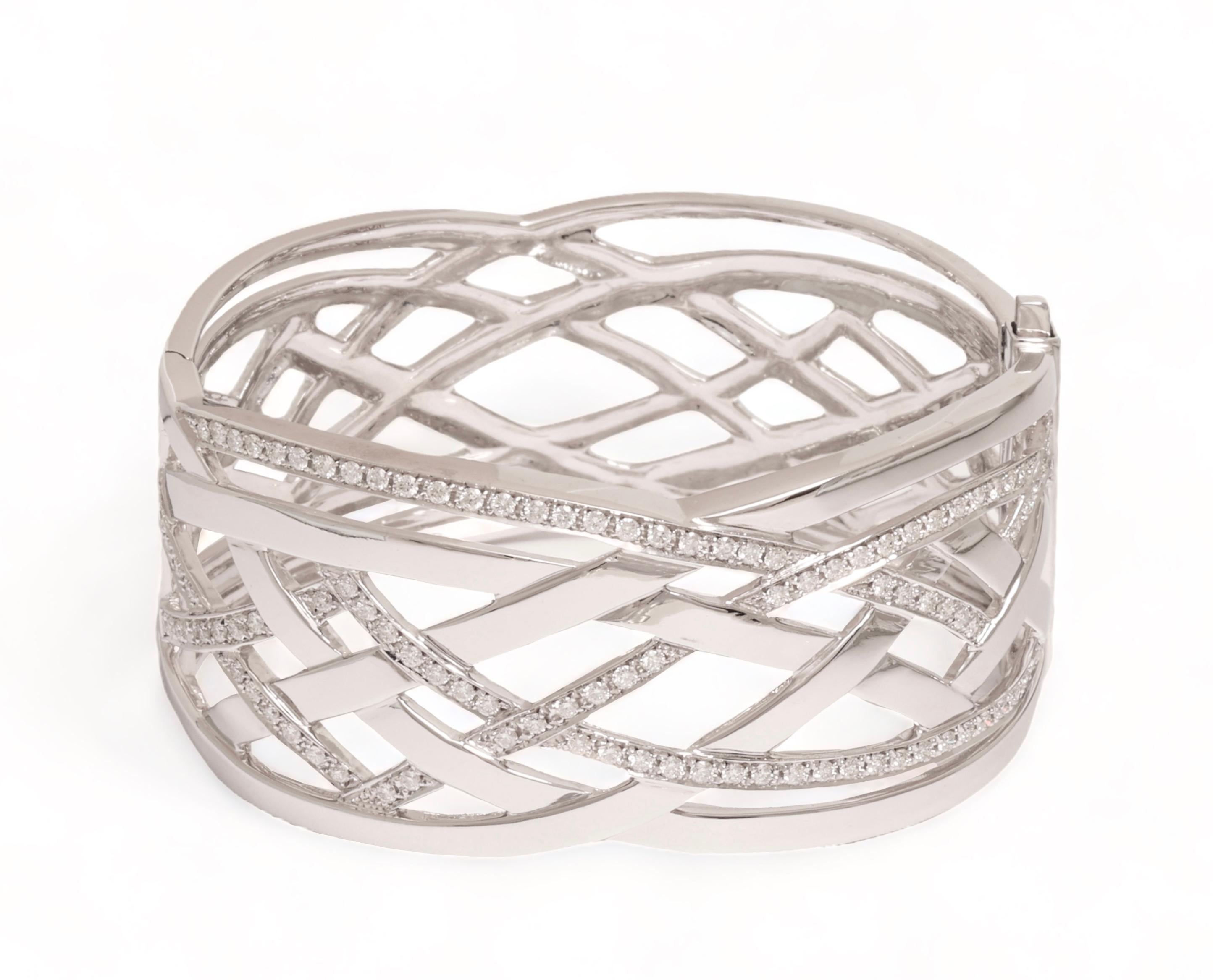 Modern 18 kt. Solid White Gold Cuff Bracelet Set with 1.83 ct. Diamonds For Sale
