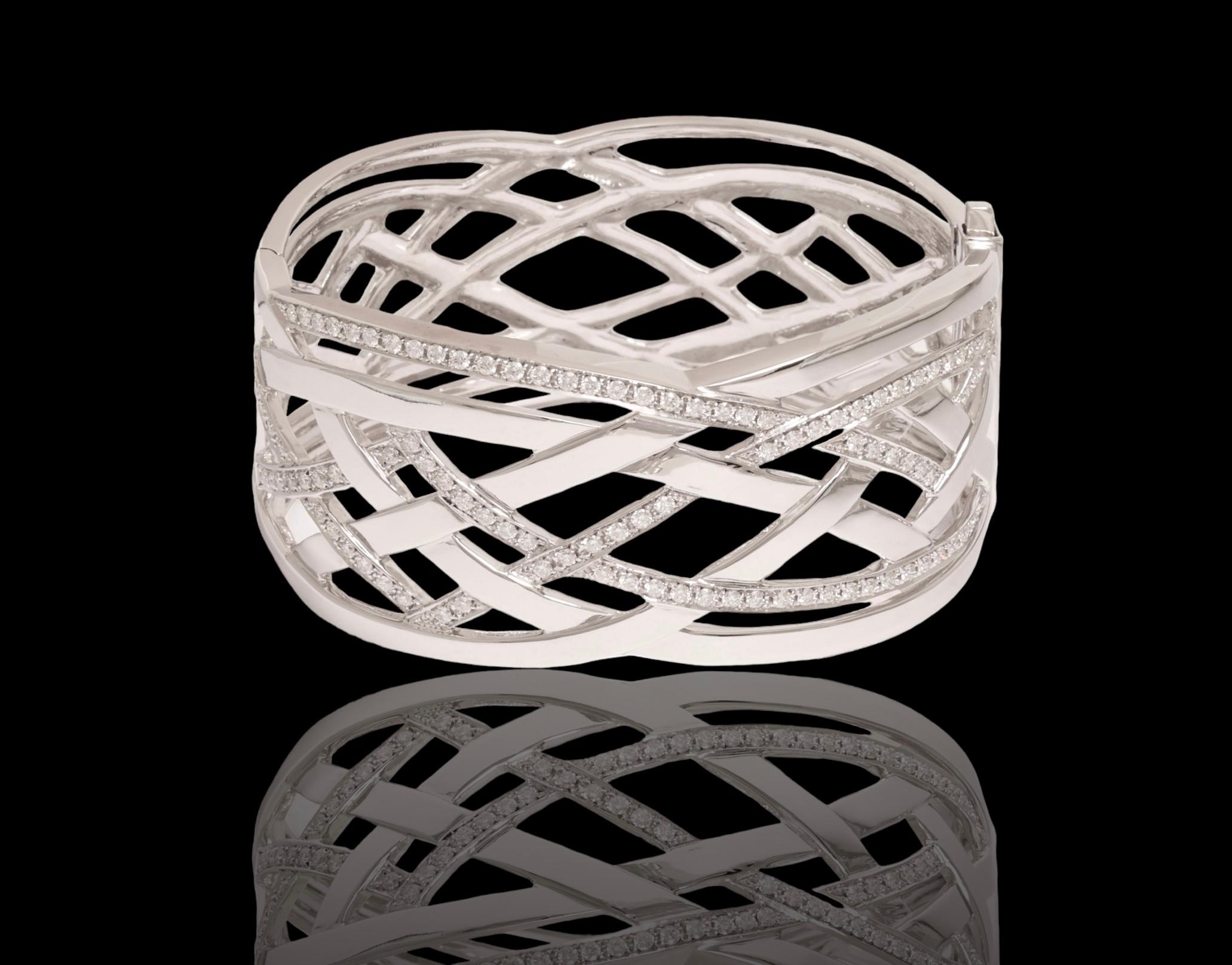 18 kt. Solid White Gold Cuff Bracelet Set with 1.83 ct. Diamonds For Sale 1