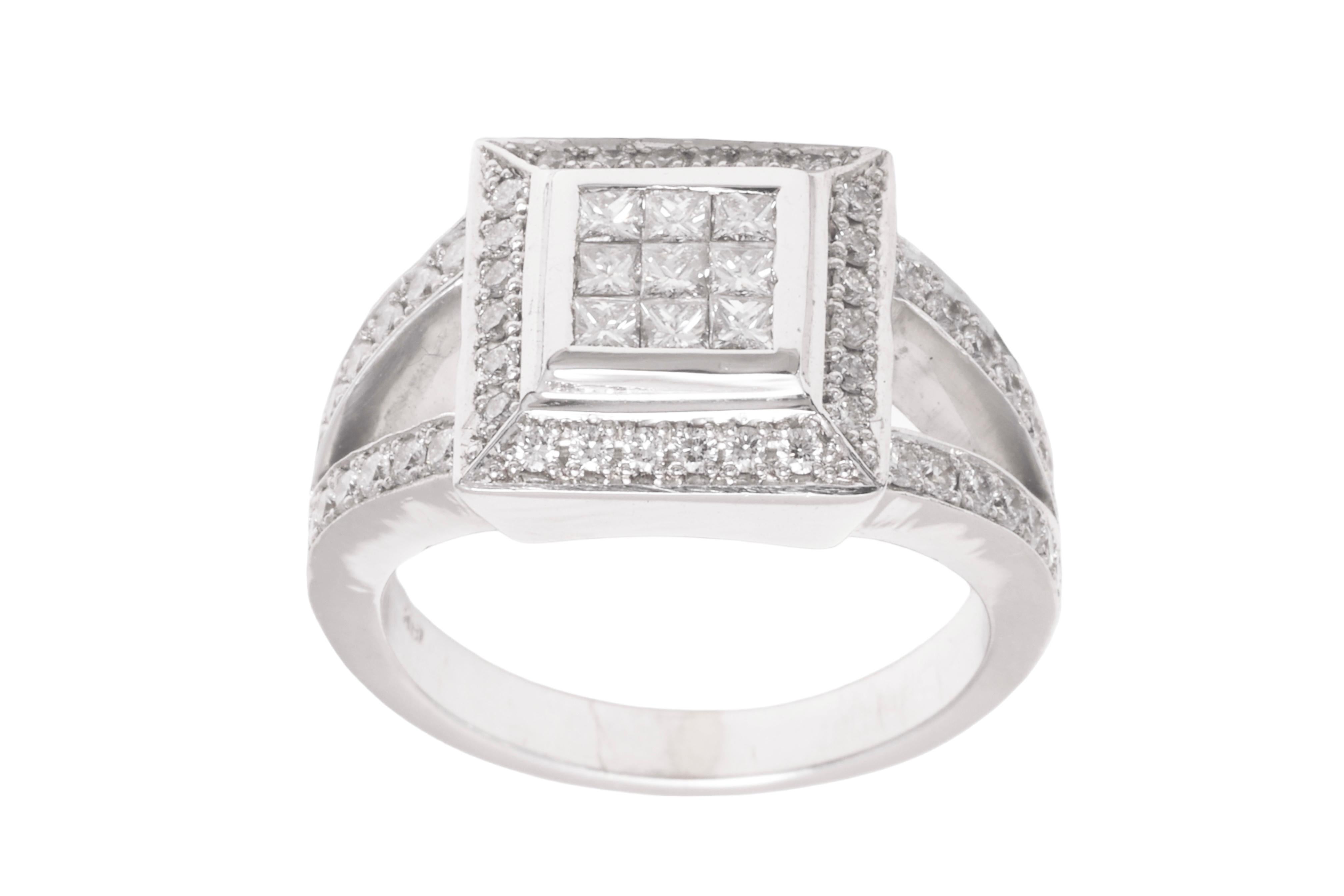 Modern 18 Kt Solid White Gold, Invisible Set Princess & Brilliant Cut Diamond Ring For Sale