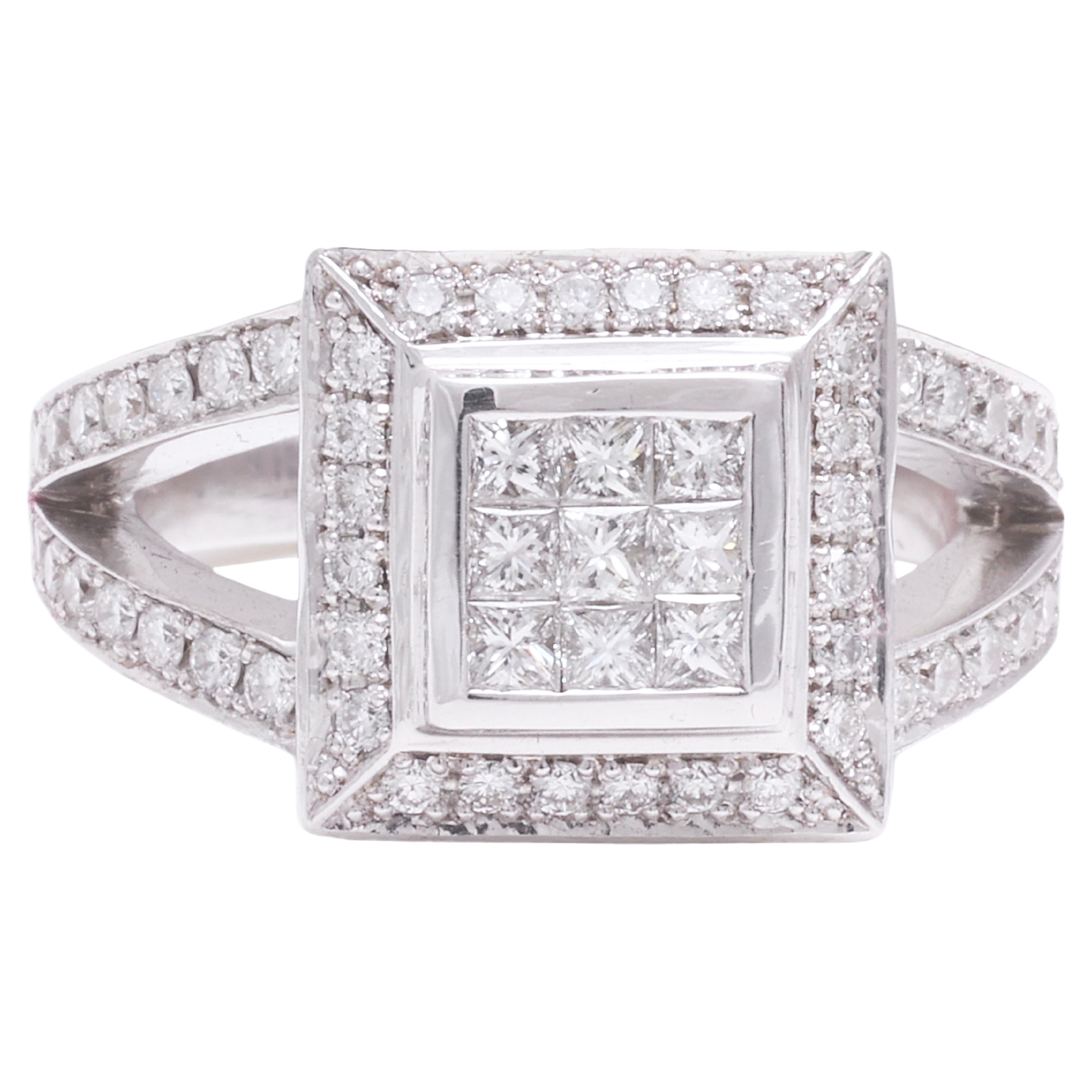 18 Kt Solid White Gold, Invisible Set Princess & Brilliant Cut Diamond Ring For Sale