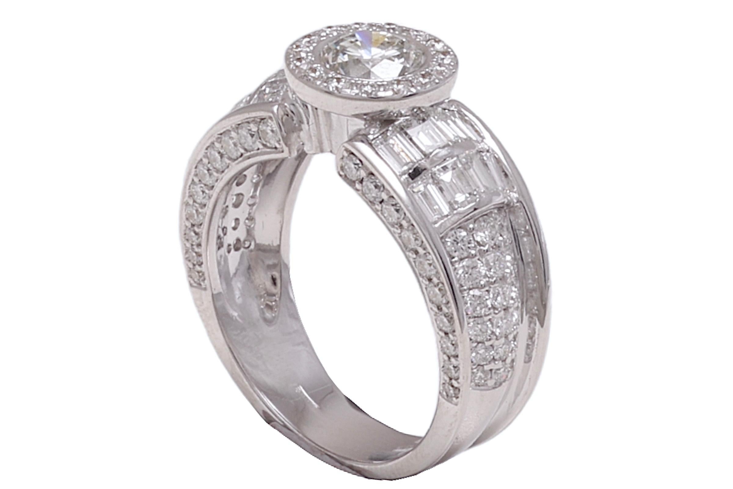 18 Kt Solitaire Round Brilliant & Baguette Cut Diamond Engagement Ring , 3.35 Ct For Sale 5