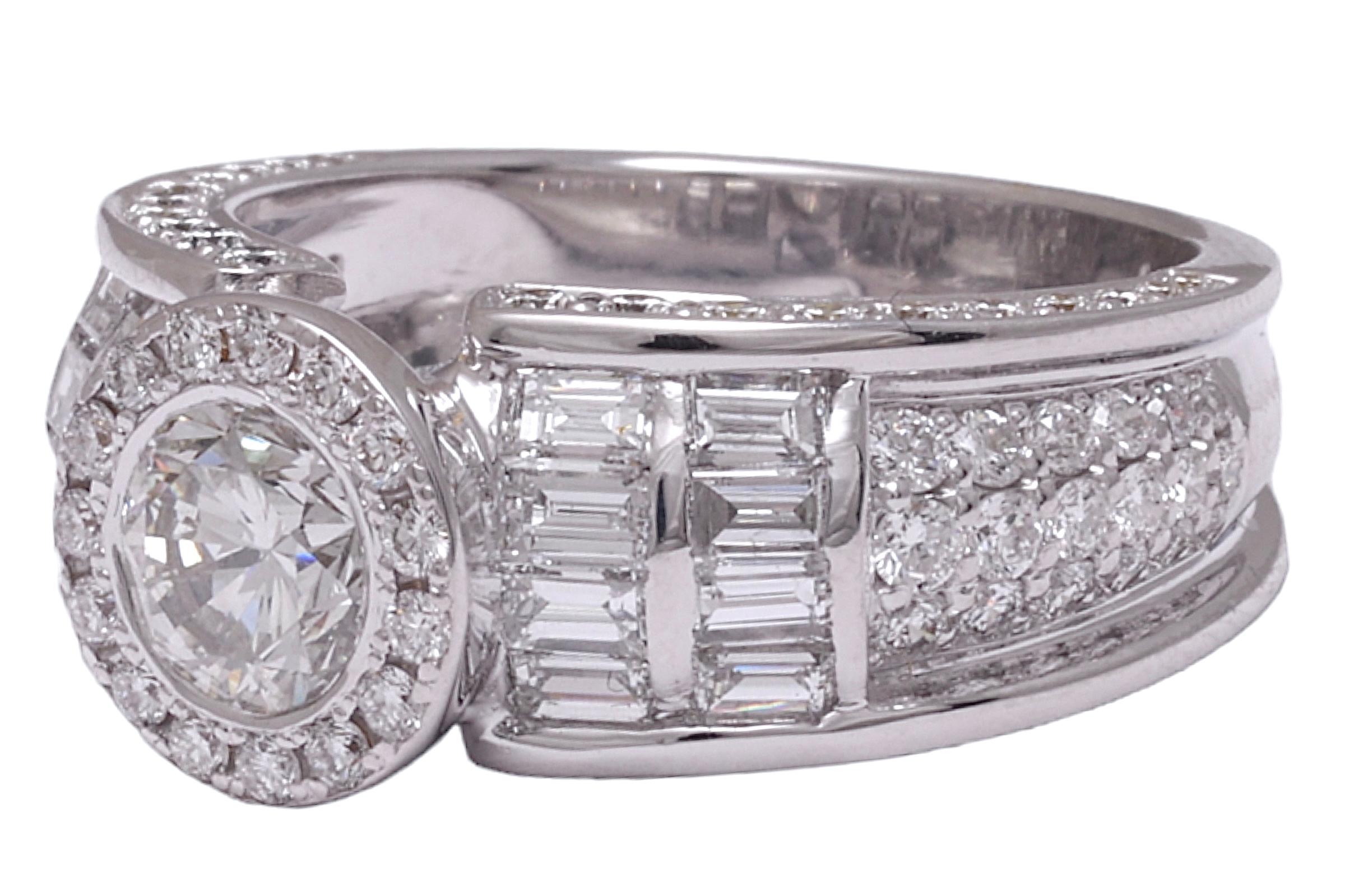 Modern 18 Kt Solitaire Round Brilliant & Baguette Cut Diamond Engagement Ring , 3.35 Ct For Sale