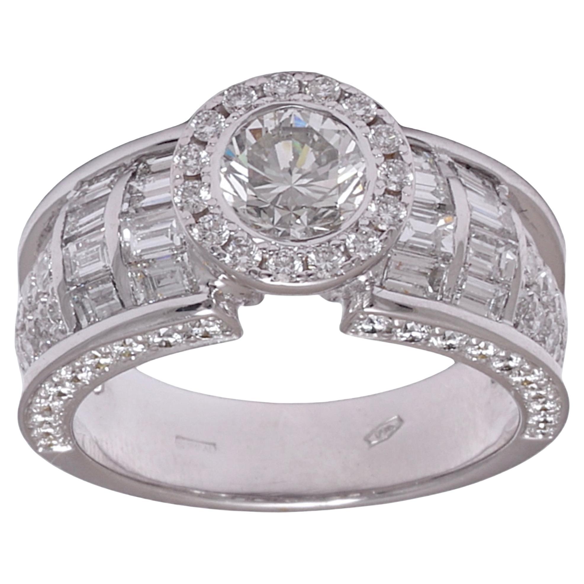18 Kt Solitaire Round Brilliant & Baguette Cut Diamond Engagement Ring , 3.35 Ct
