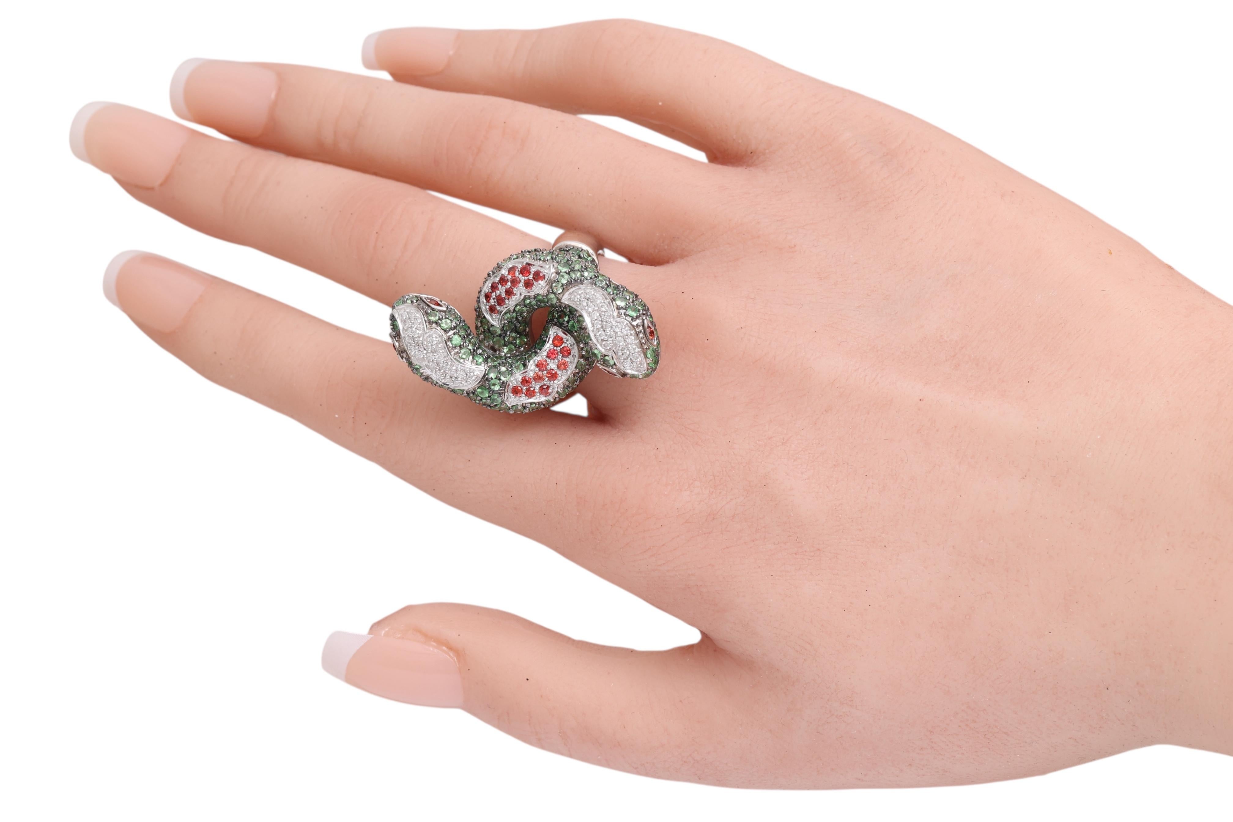 Bague serpent Toi & Moi 18 Kt avec pierres et diamants multicolores en vente 4