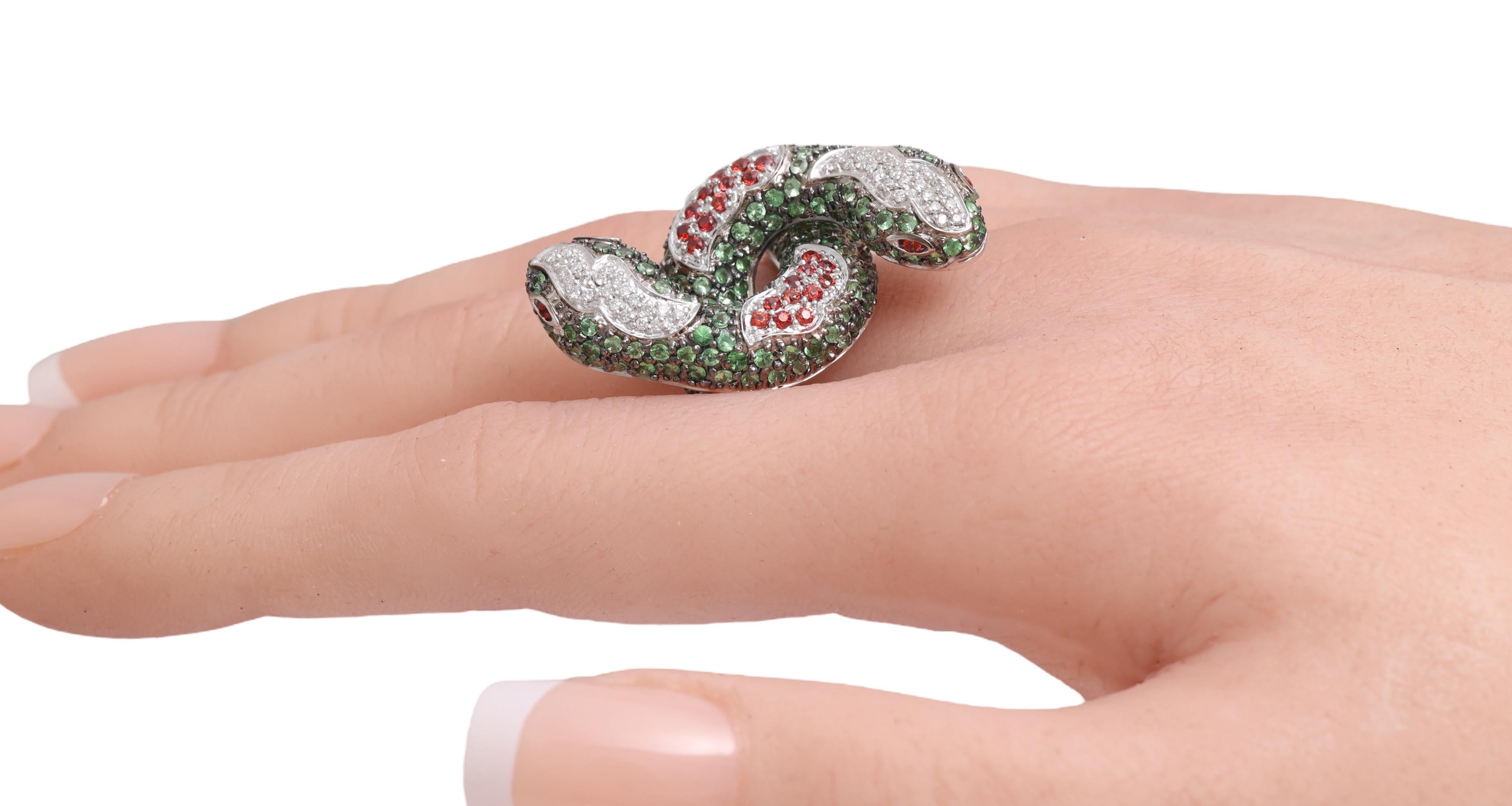 Bague serpent Toi & Moi 18 Kt avec pierres et diamants multicolores en vente 6