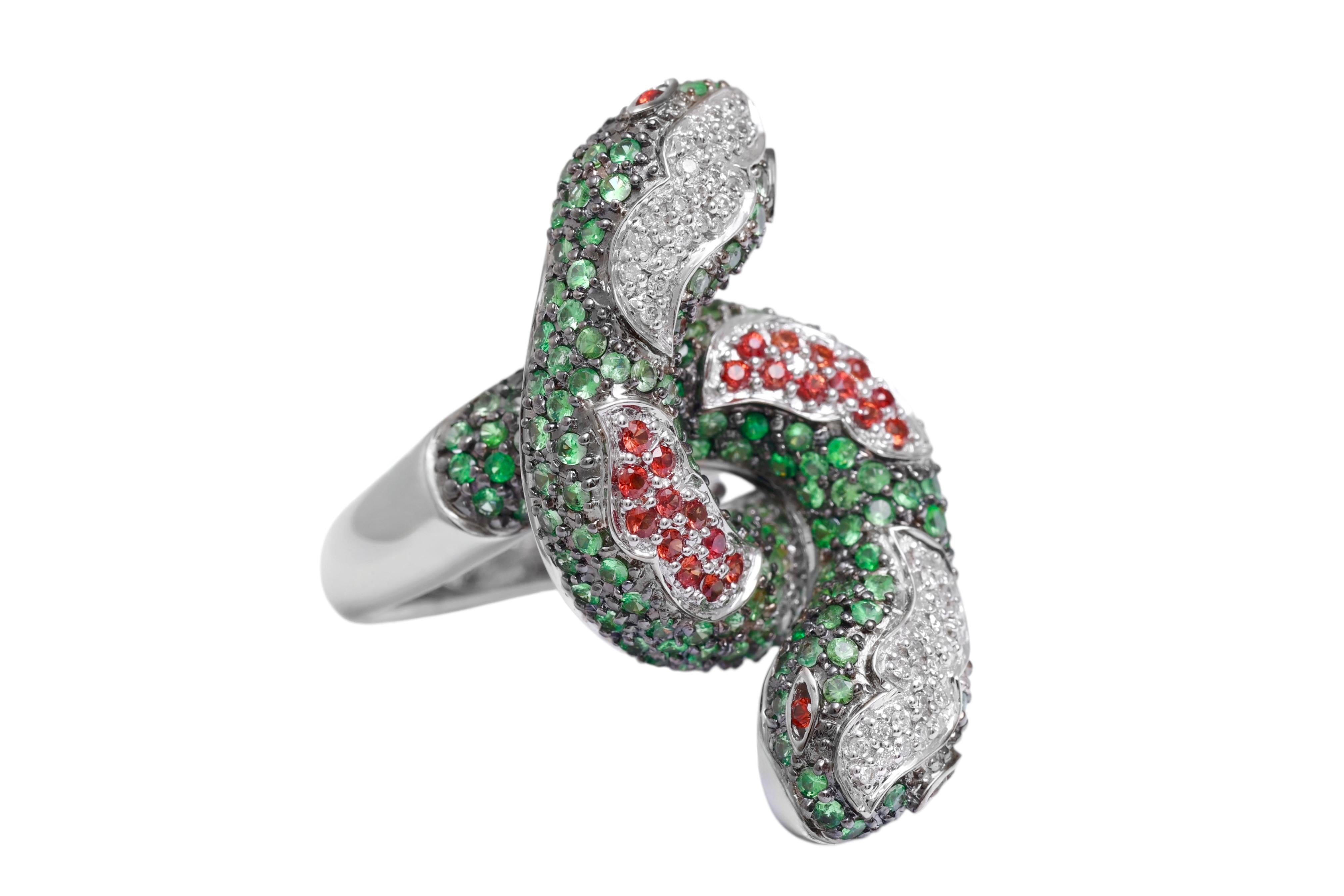 Artisan Bague serpent Toi & Moi 18 Kt avec pierres et diamants multicolores en vente