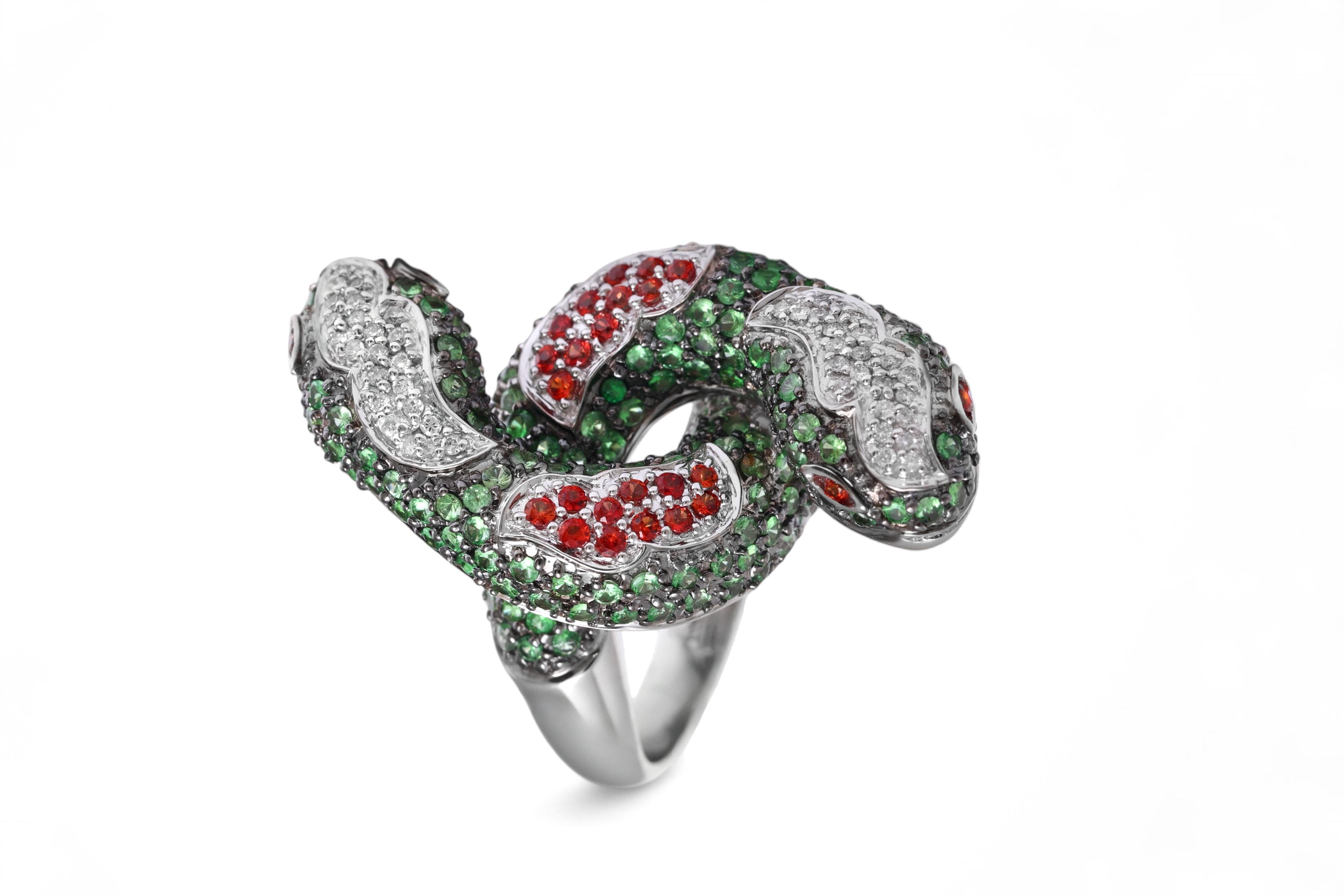 Bague serpent Toi & Moi 18 Kt avec pierres et diamants multicolores en vente 2
