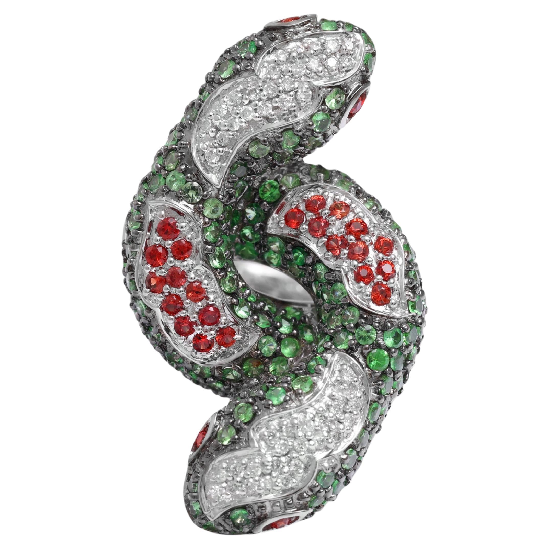 Bague serpent Toi & Moi 18 Kt avec pierres et diamants multicolores en vente