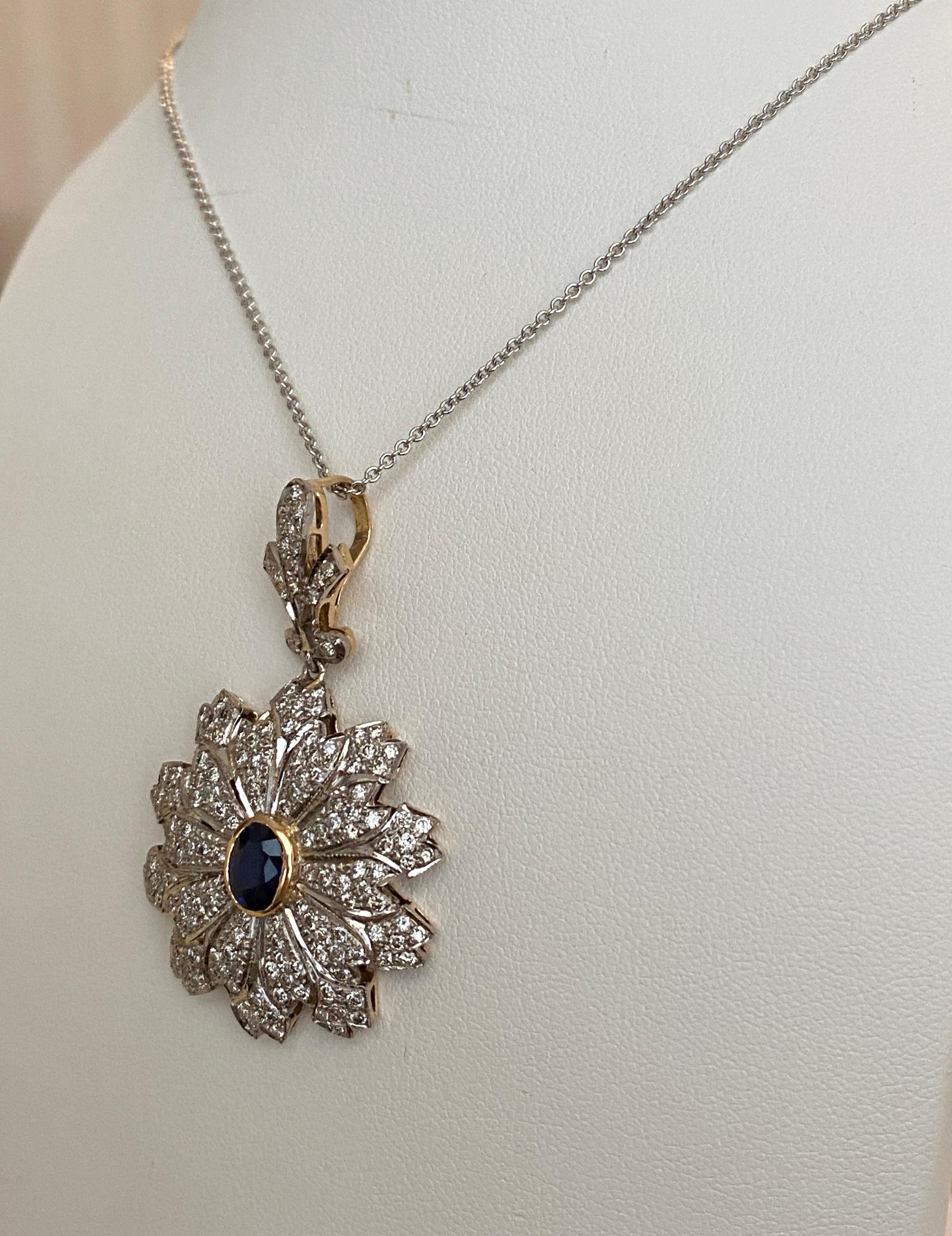 Brilliant Cut Vintage Gold Necklace with Pendant ca 1.00 carat Sapphire and Diamonds For Sale