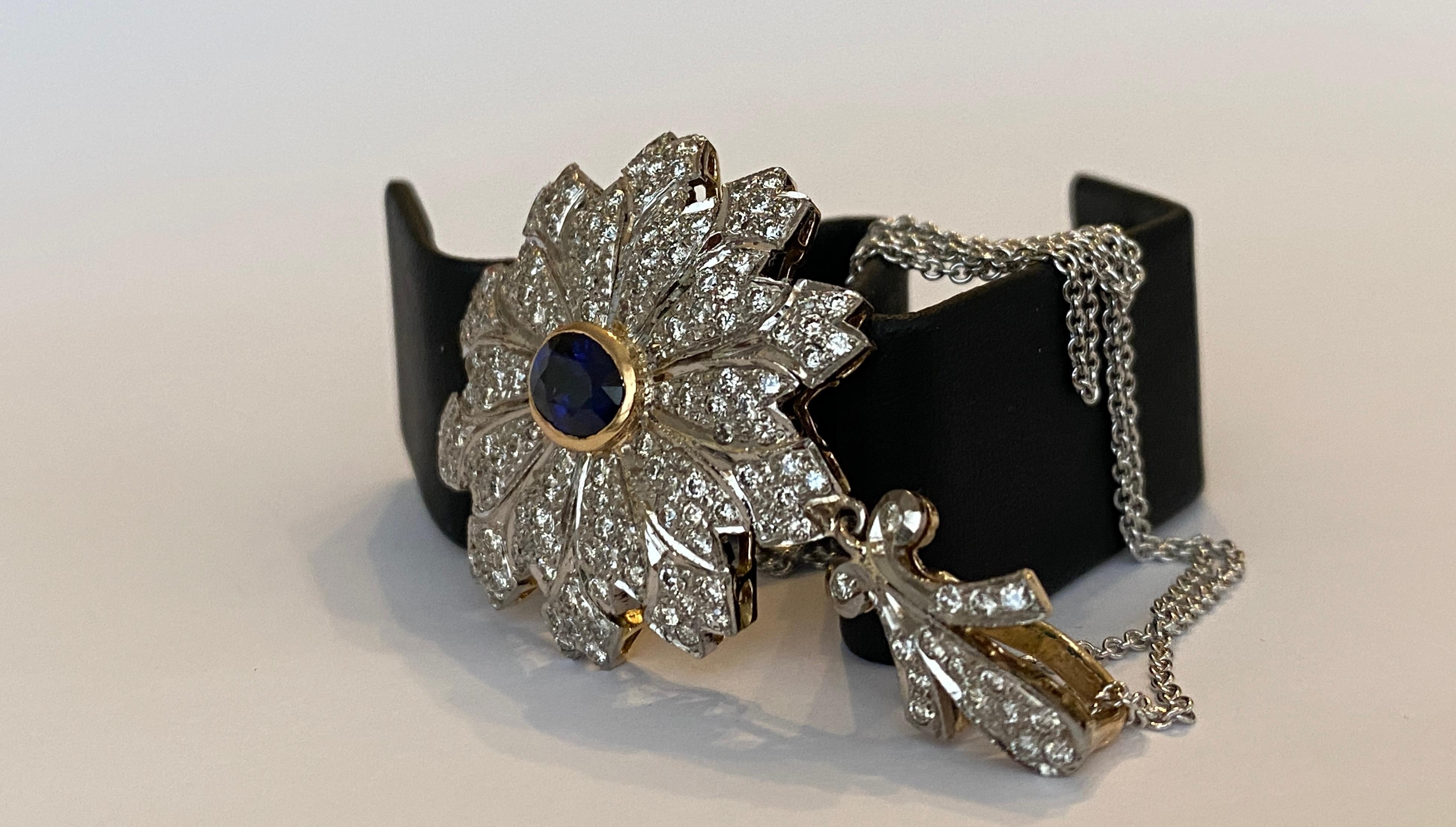 Vintage Gold Necklace with Pendant ca 1.00 carat Sapphire and Diamonds For Sale 2