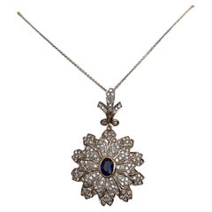Vintage Gold Necklace with Pendant ca 1.00 carat Sapphire and Diamonds