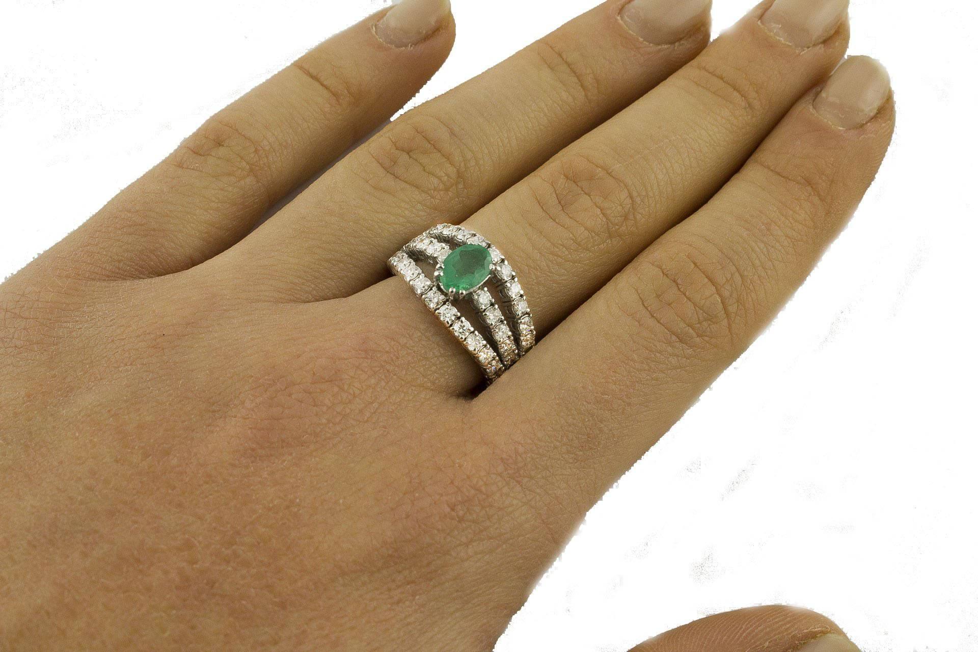 Women's Emerald  Diamonds White Gold Engagement Ring For Sale