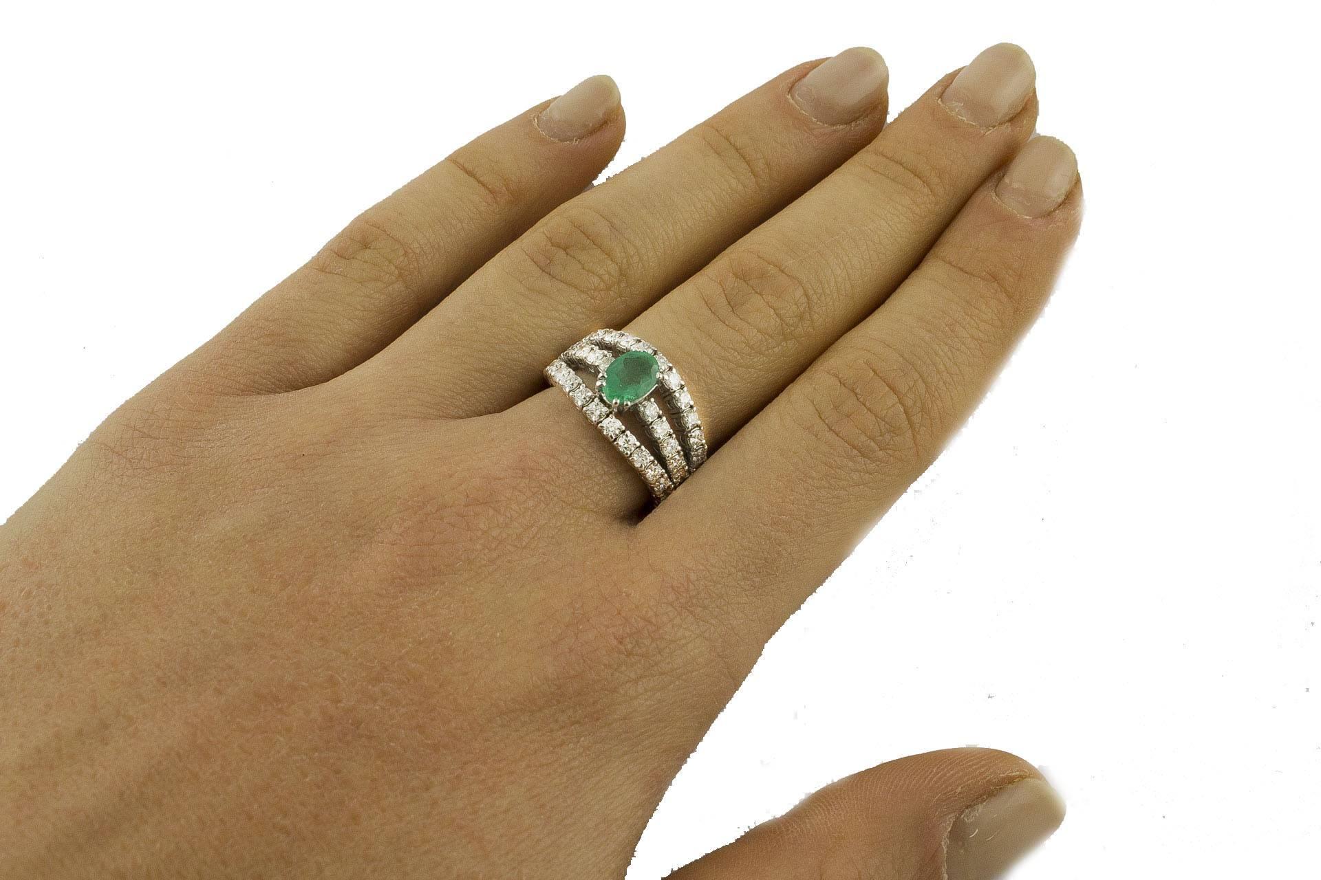 Emerald  Diamonds White Gold Engagement Ring For Sale 1