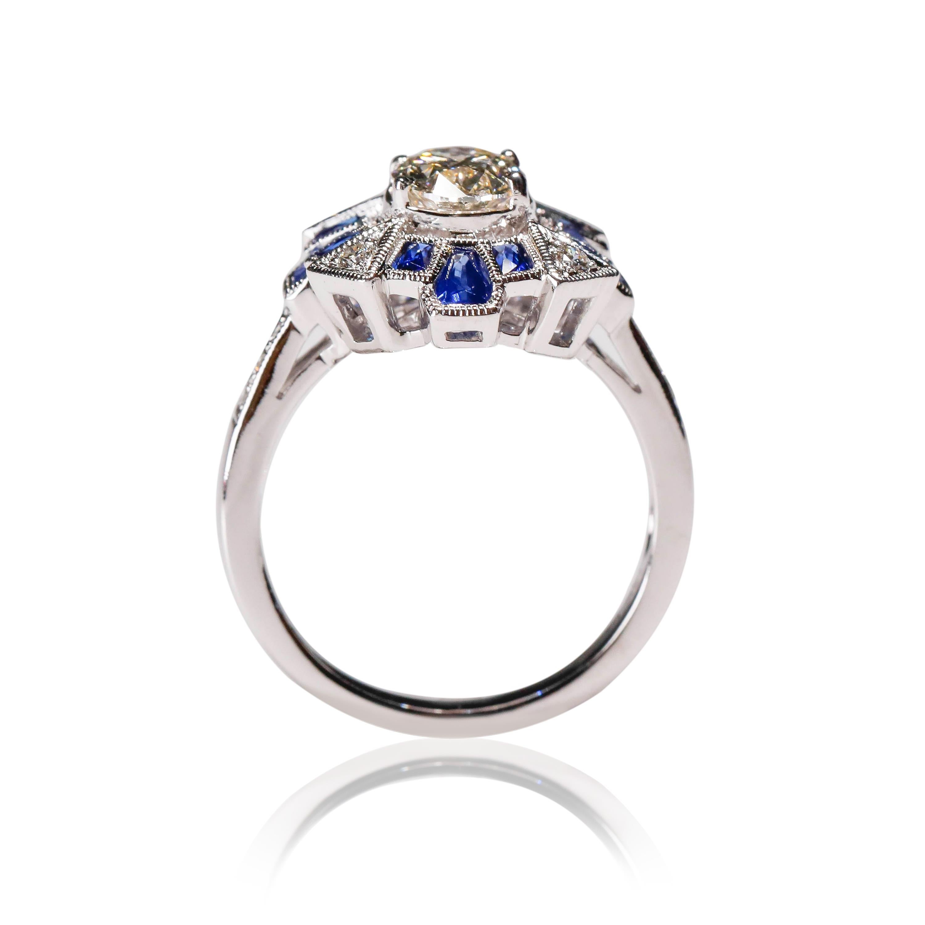 18 Kt Gold 1.17 Carat Diamond 1 Carat Blue Sapphire Round Cocktail Dome Ring

A perfect symbol of your affection. Perfect gift. This gemstone ring showcases a cluster of soft blue sapphires centered in a prong setting, accented by a frame of round