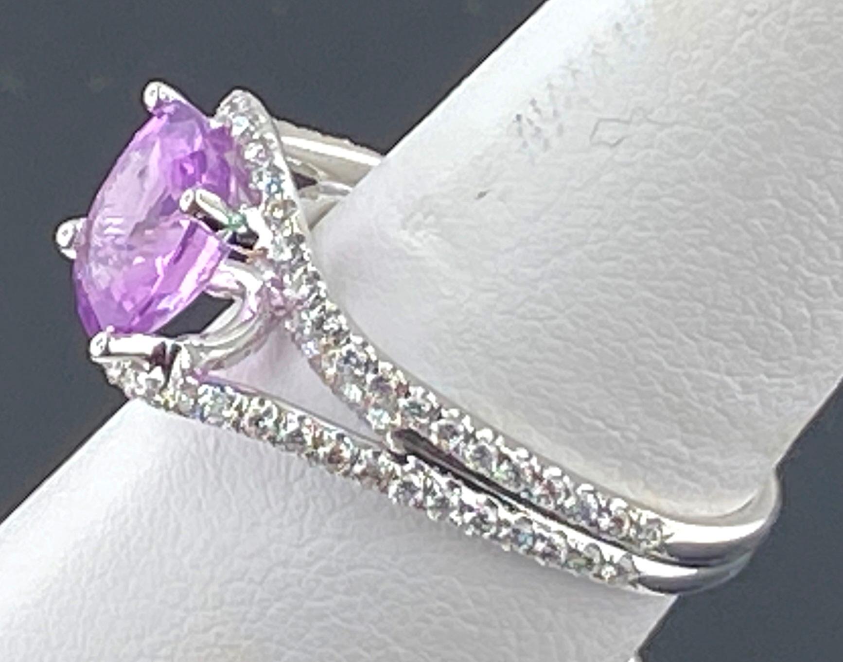 18 KT White Gold 2.37 Carat Oval Cut Pink Sapphire and Diamond Ring In Excellent Condition In Palm Desert, CA